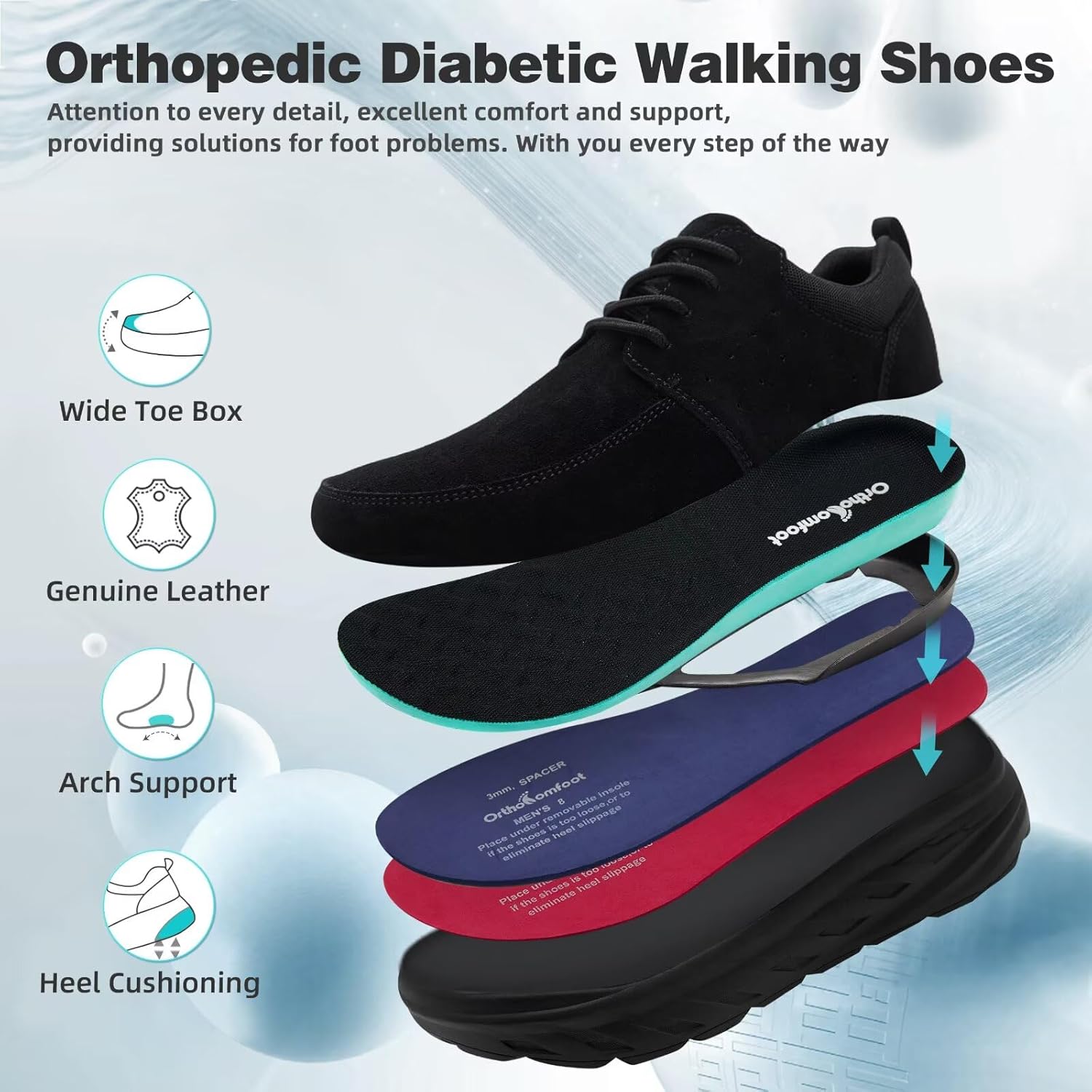 OrthoComfoot Men's Orthopedic Comfortable Diabetic Wide Shoes: Arch Support Plantar Fasciitis Neuropathy Leather Walking Shoes, Wide Toe Box Outdoor Standing Work Casual for Foot & Heel Pain Relief