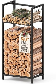 39.8in Firewood Rack Indoor Outdoor with Hooks - Tall Metal Fireplace Log Holder with Adjustable Feet, Heavy Duty Fire Wood Storage Racks & Enclosed Frame Organizer for Patio Fire Pits Deck