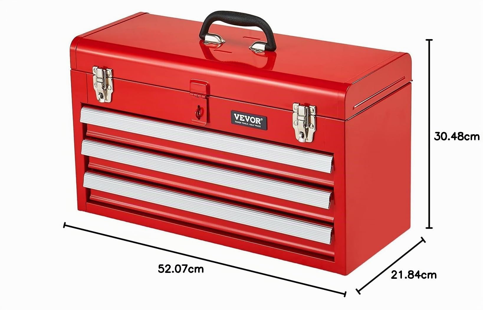 VEVOR Caja de Herramientas Portátil de Metal 520 x 218 x 304 mm, Cofre de Herramientas Pequeño con 3 Cajones y Revestimiento de EVA, Cajones Deslizantes con Cojinetes de Bolas con Cerradura, Rojo