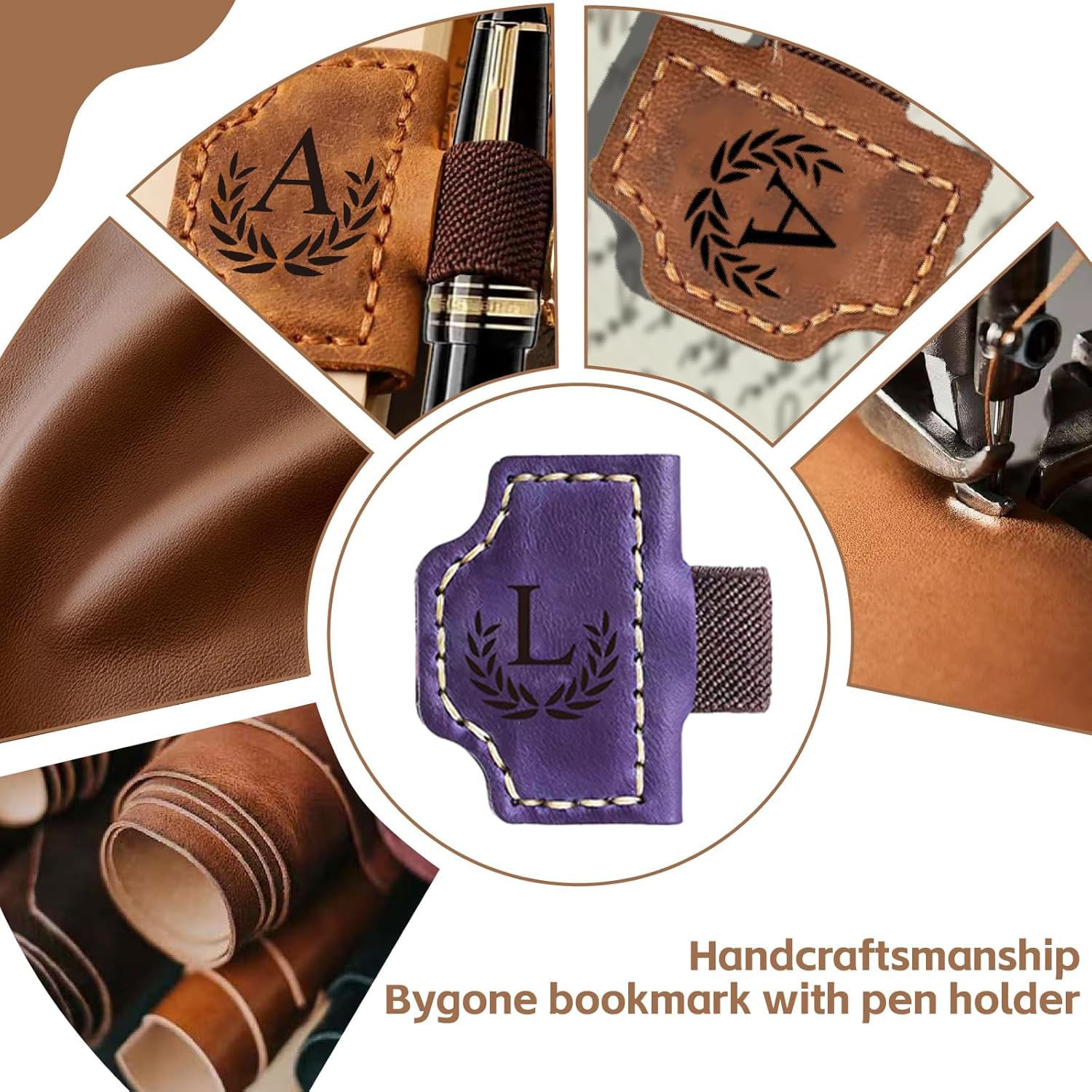 Erebloom – Marque-page magnétique personnalisé avec porte-stylo, 26 lettres du nom et initiale Erebloom – Marque-page magnétique personnalisé en cuir pour la lecture pour homme et femme (marron, F)