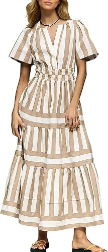 Fameetor Womens Summer Causal Maxi Dress Short Sleeve V Neck Elastic Waist A Lin
