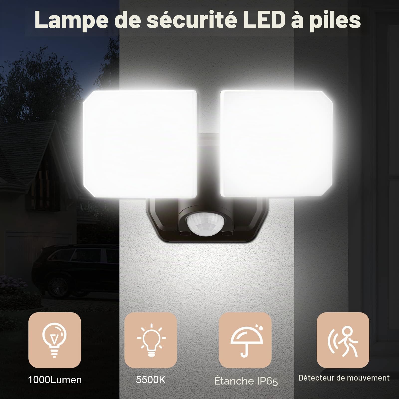 Eclairage Exterieur avec Detecteur Alimentée par Piles,1000LM IP65 Étanche Eclairage Exterieur,d'Angle Réglable Lumiere Sans Fil pour GarageProjecteur LED Extérieur