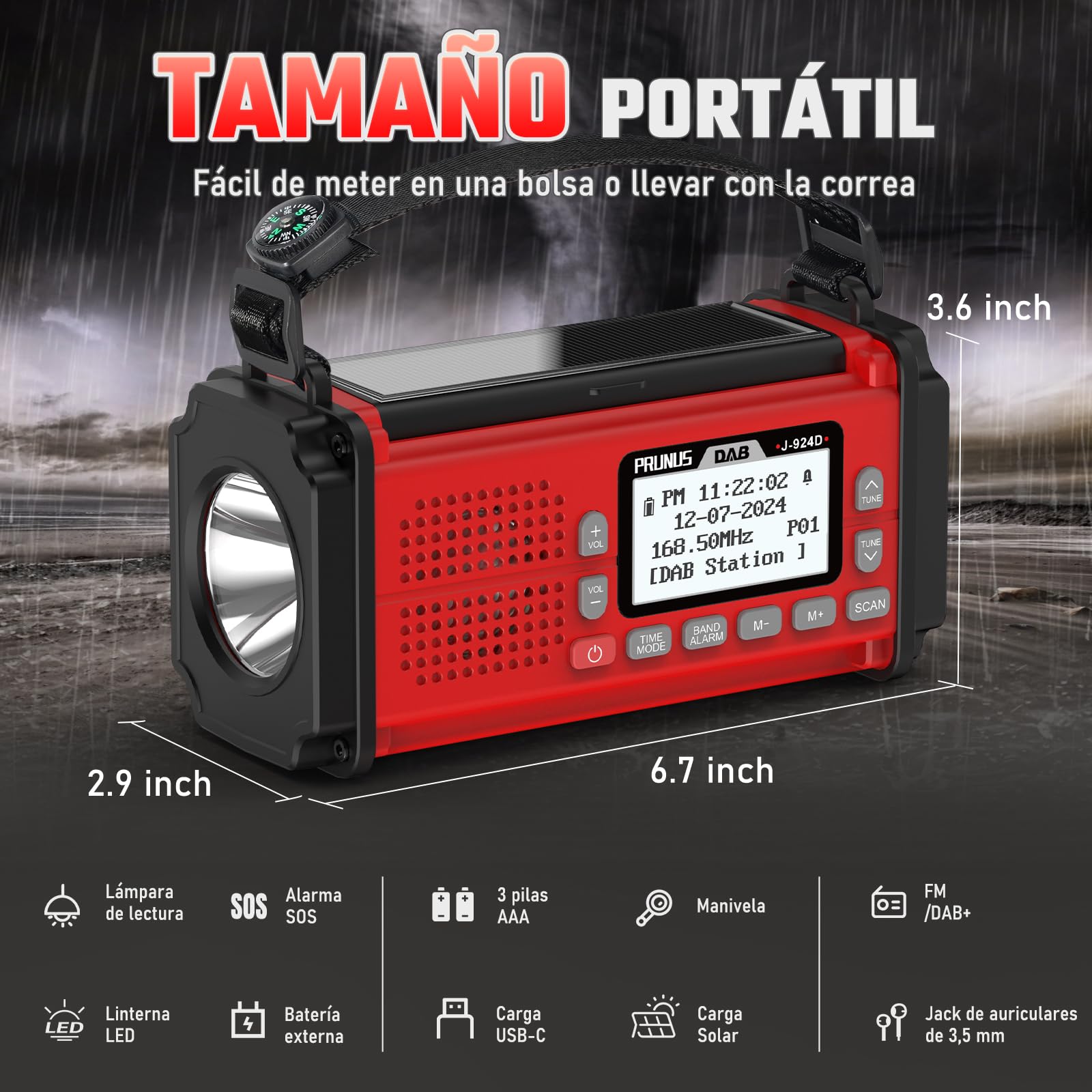 PRUNUS J-924 FM Dab Radio Digital con Función de Preselección, Radio Portatil Pequeña Recargable con Banco de Energía de 10000 mAh, Radios Solar y a Pilas, con Manivela,Linterna,SOS.