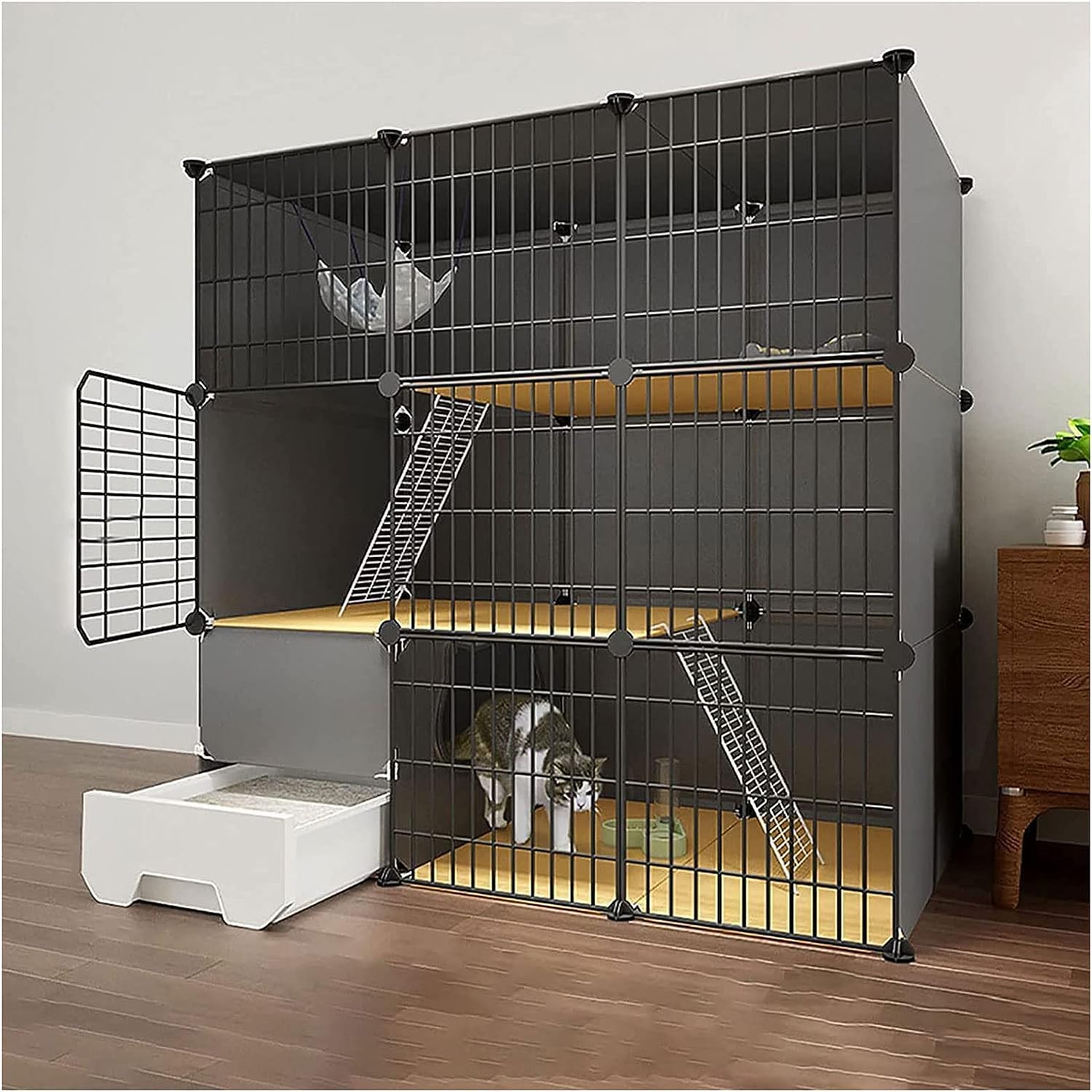 Recinzione per gatti con lettiera, box multi-livello per animali domestici, cuccia in metallo staccabile per esercizi
