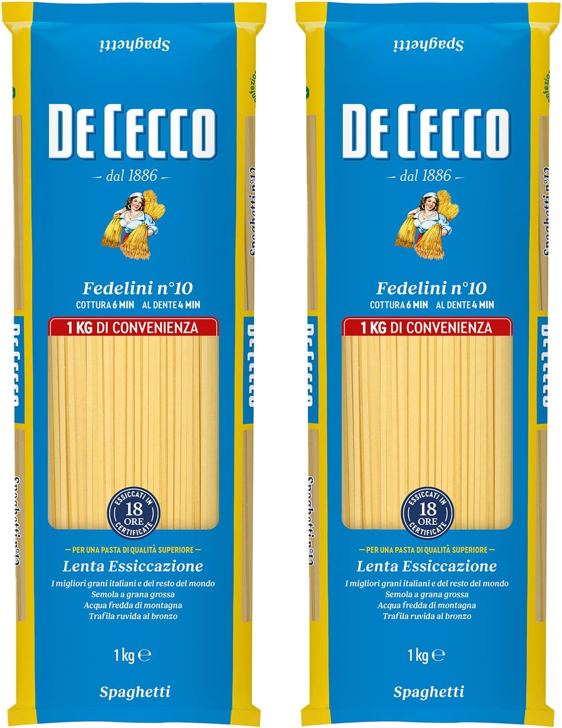 ディ・チェコ No.10 フェデリーニ 1.4mm 1㎏×2袋 (約20人前) パスタ 麺 アンデンテ 伝統製法 ブロンズダイス スパゲティ イタリア デュラム小麦 スパゲッティ (ゆで時間 6分) DE CECCO