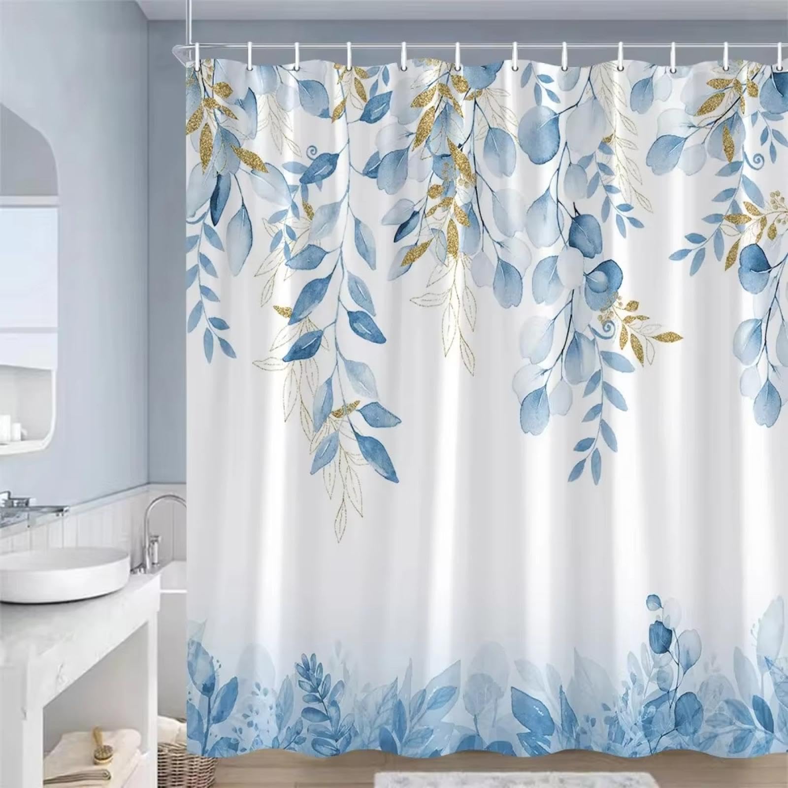 Rideau de douche feuilles bleues aquarelle en tissu imperméable avec crochets 135x220cm