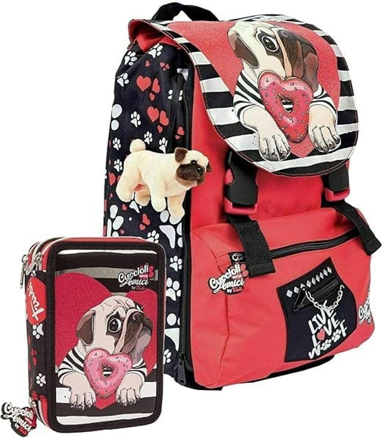 PRESTIGE & DELUXE Schulrucksack Welpen suchen Freunde Hund erweiterbar für Grundschule Kinder und Jugendliche + Federmäppchen 3 Fächer komplett + 7 Stifte und Schlüsselanhänger Pailletten, mehrfarbig,