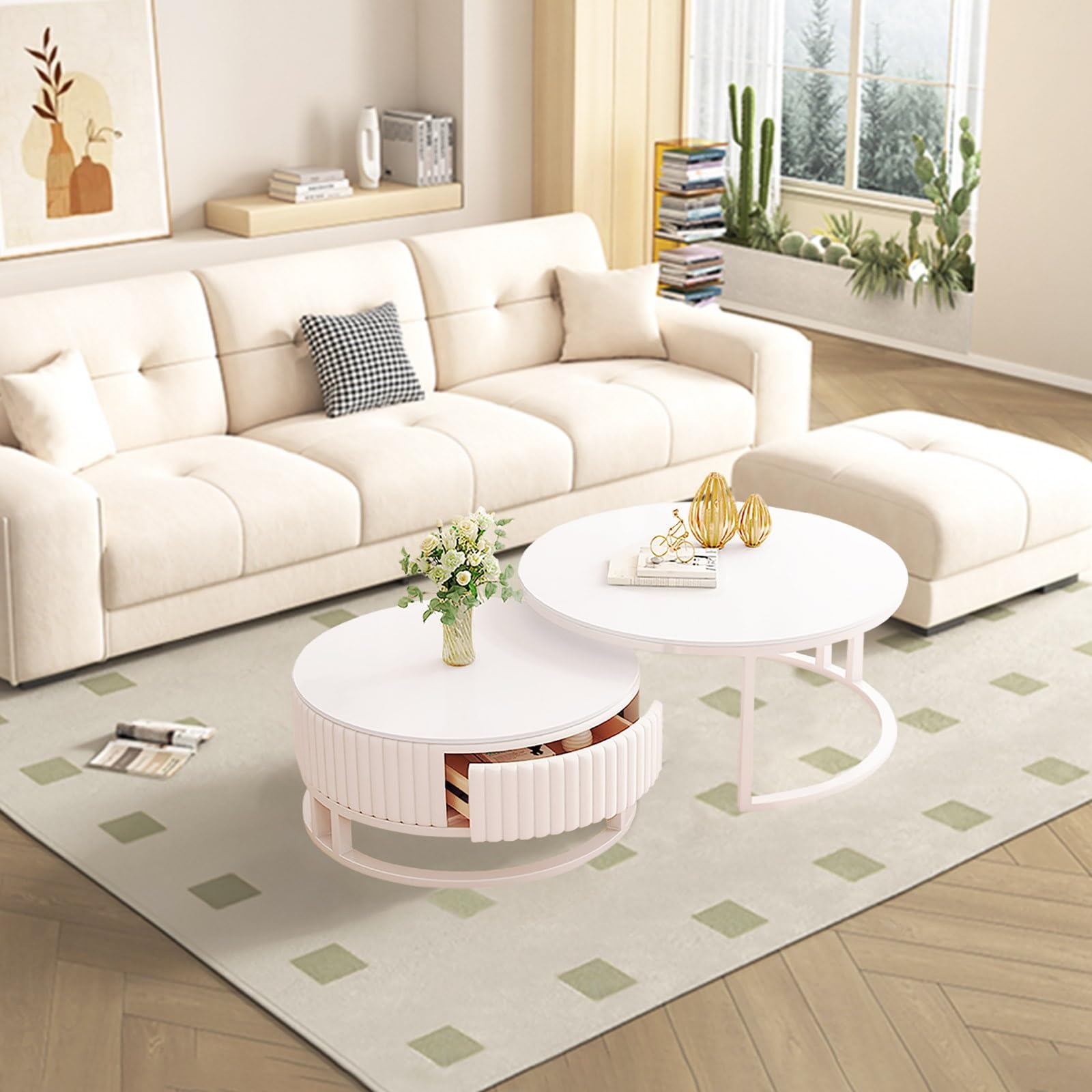 Mesa De Centro Redonda Blanca Con Madera Y Cajones Moderno Mesa De Centro De Mármol Mesa Nido Juego De 2 Mesas Auxiliares Para Salón Robusto Armazón Metálico