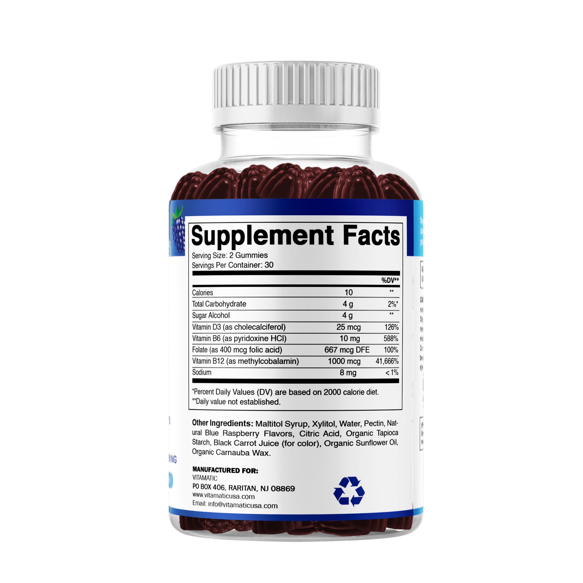 Vitamatic Vitamin D3 + B12 Gummies Made with Folate & Vitamin B6 - Natural Blue Raspberry Flavor – 60 Gummies – Made in the USA — Amazon image 8