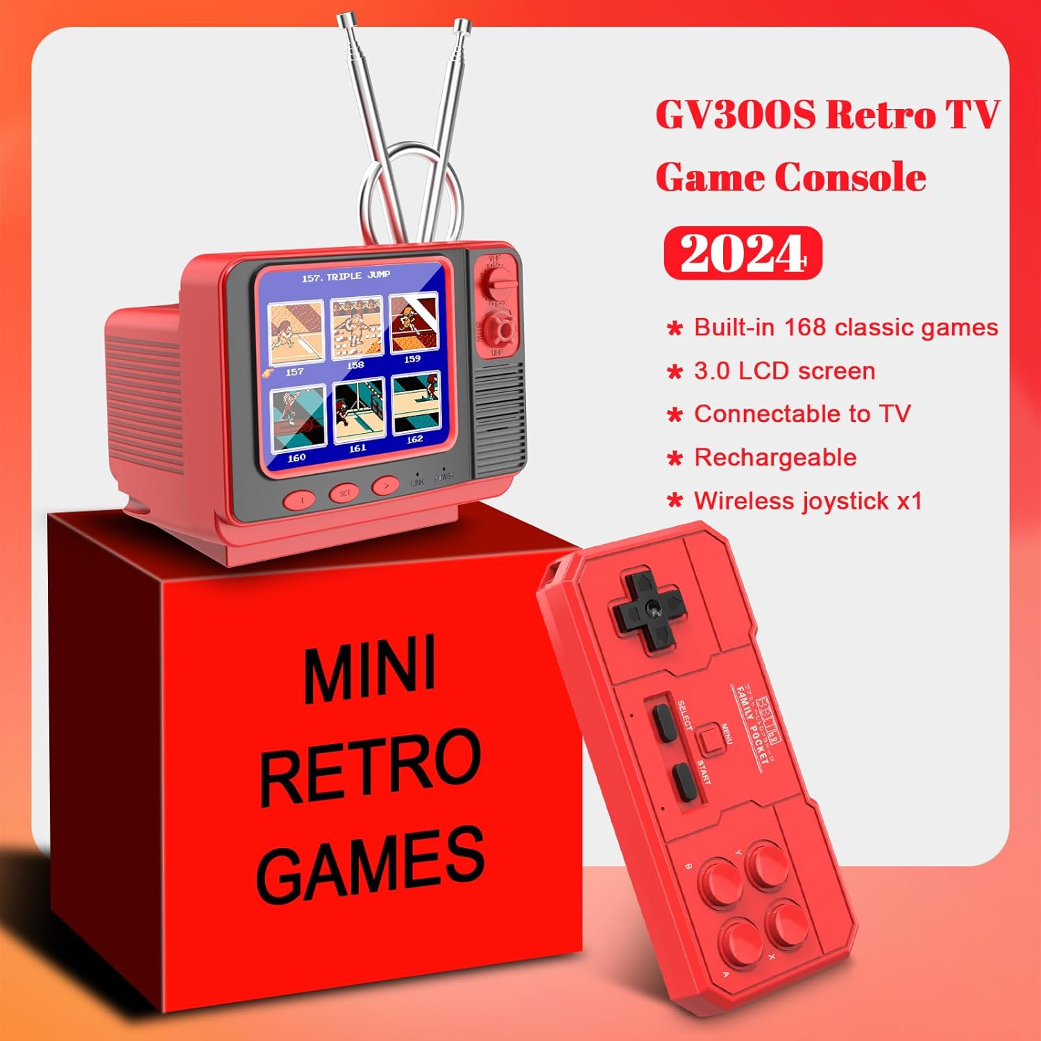 EASEGMER Retro Handheld Game Console - 168 Classic Games | 3.0" Screen | 2-Player Mode | AV Projection | Rechargeable & Portable Design, Ideal Educational Toy for Kids Ages 4-12 (Red) image 4 of 8 B0F9T6MWJ5