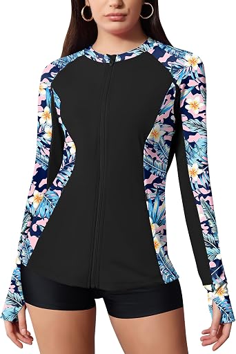 LOMON Womens Rash Guard UPF 50+ Sun Protective Athletic Shirt Quick Dry Zipper Long Sleeve Swim Shirt