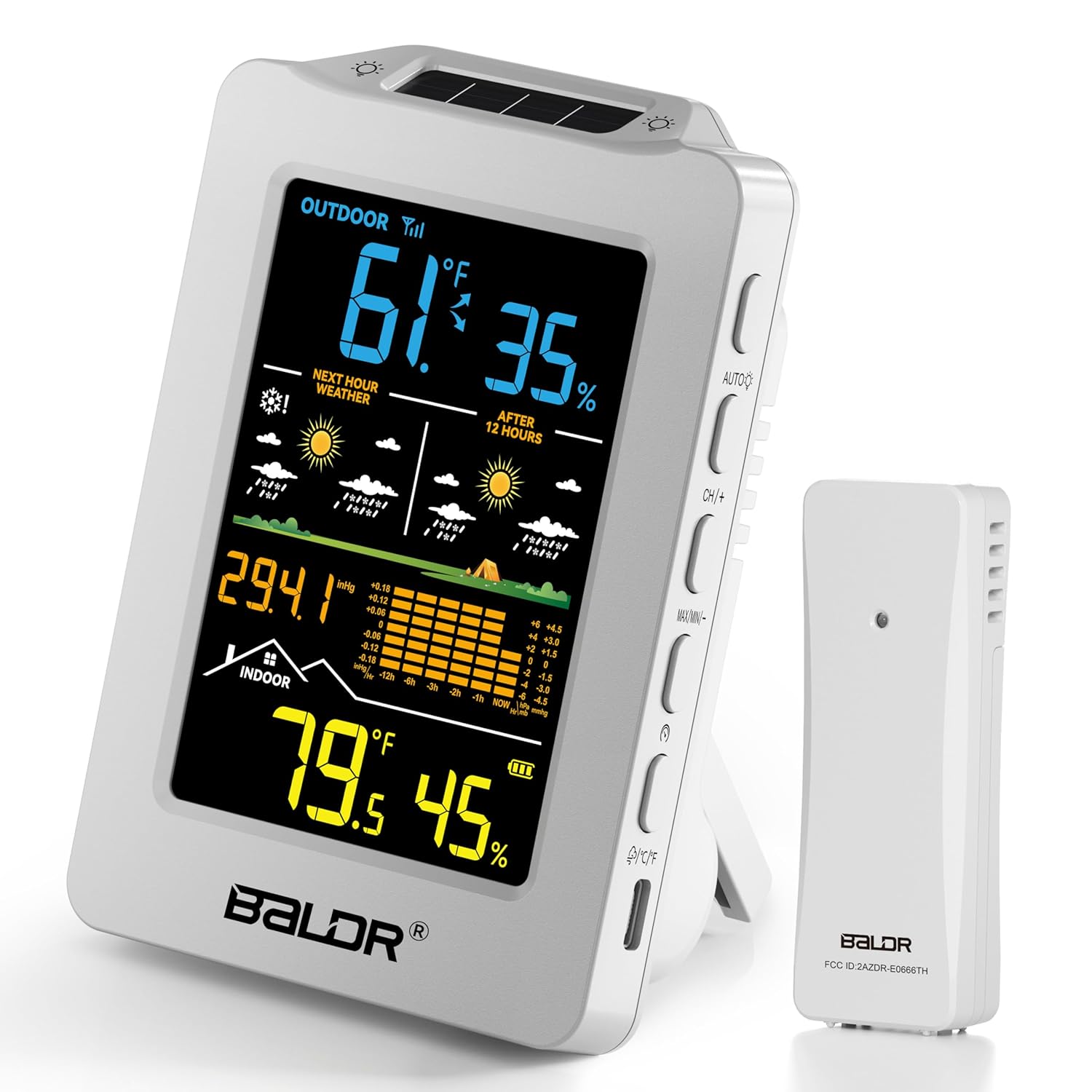 BALDR Weather Station with 1H & 12H Dual Forecast, Rechargeable USB Powered Indoor Outdoor Thermometer Wireless, Portable Outside Temperature Monitor for Home Patio (White)