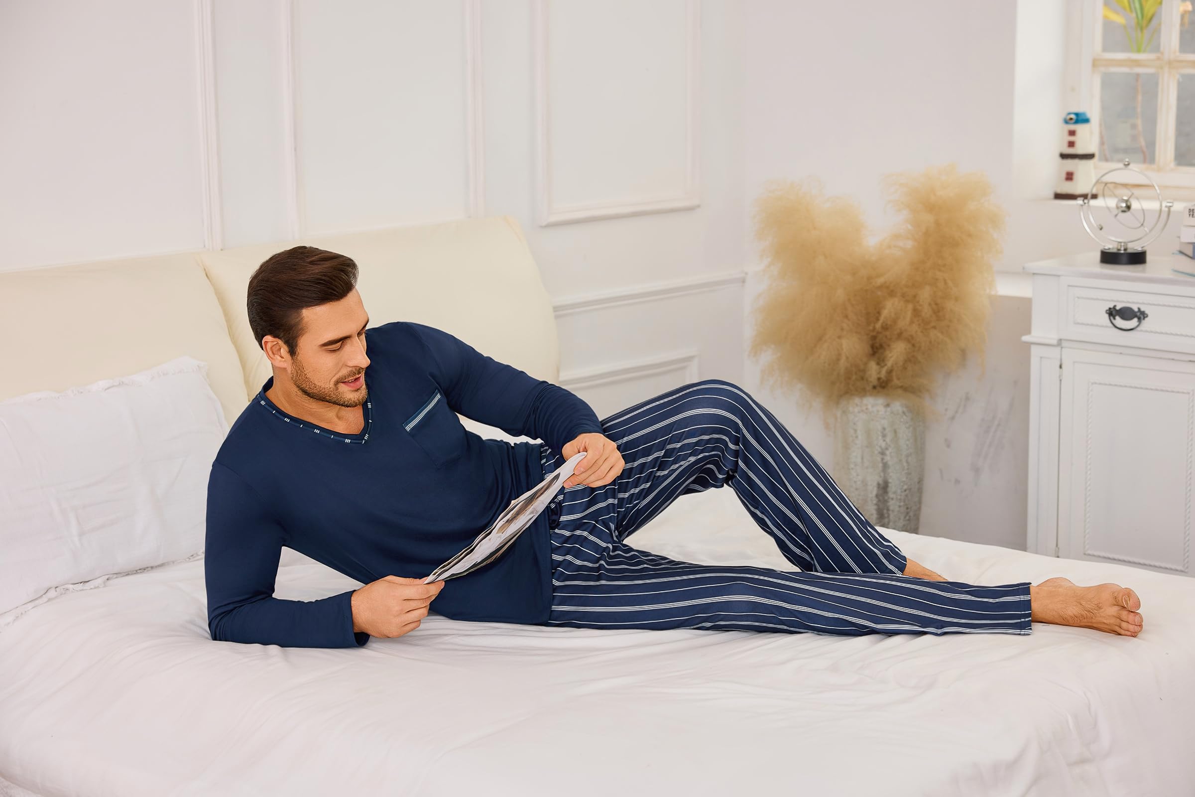Demegimi Pijamas para Hombre Invierno de Manga Larga Algodón Conjunto de Cuello Redondo Ropa de Dormir 2 Pieza