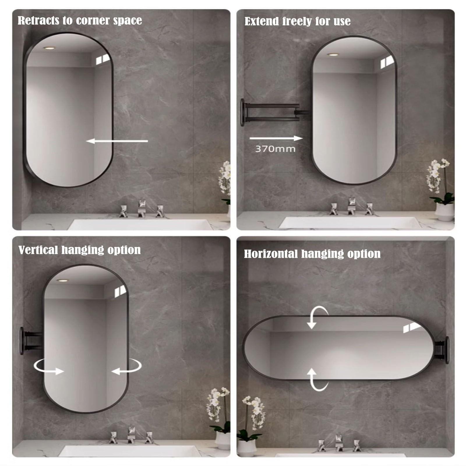 Miroir Mural d'angle Pivotant, Miroir d'angle Mural,Ovale Miroir De Salle De Bain,30x50cm 35x60cm 30x60cm 40x70cm 50 X 90cm Miroir Décoratif avec Cadre en Aluminium(White,W40xL70cm)