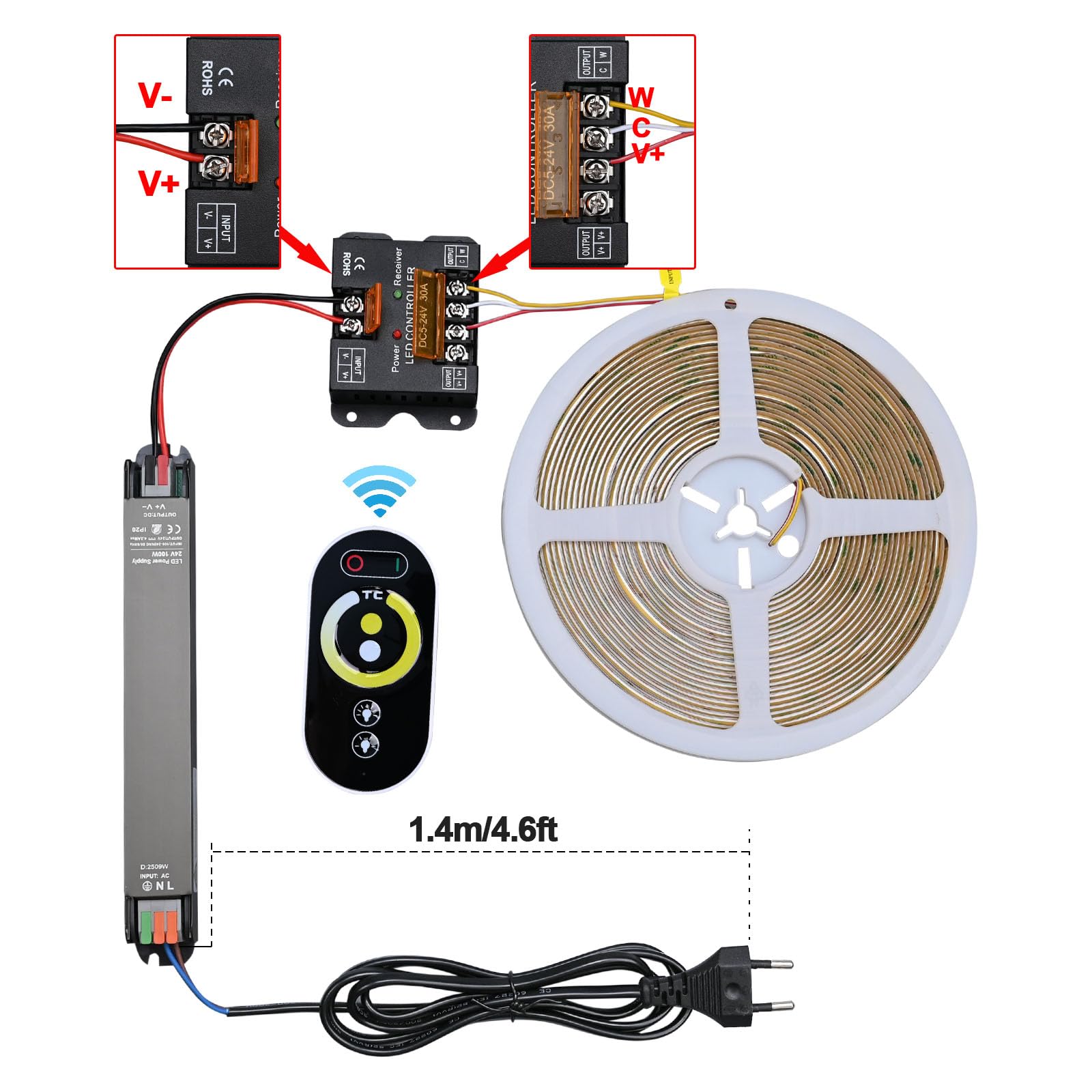 GOMING 24V 10M CCT Striscia LED COB Sintonizzabili Bianco 2700K-6500K Dimmerabile Con 24V 100W Alimentatore e Controller 576LEDs/M CRI 93+ IP20 Non Impermeabile Luci Nastro LED per Casa Decorazione