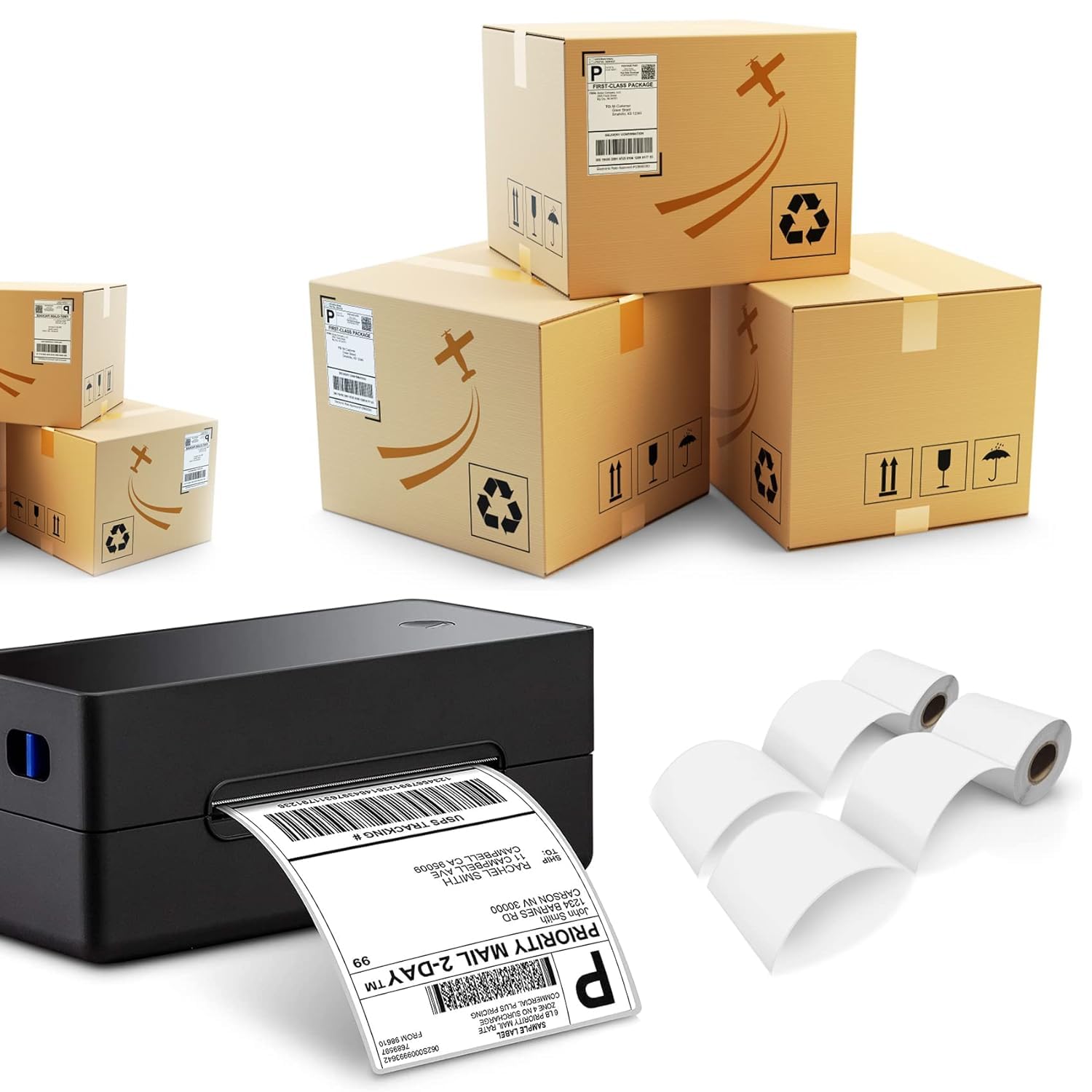 Especificaciones de las etiquetas térmicas de 4 x 6 pulgadas: etiquetas térmicas de envío de 100 mm x 150 mm, 6 rollos/400 etiquetas, etiquetas adhesivas en blanco, no requiere cinta. Tamaño estándar