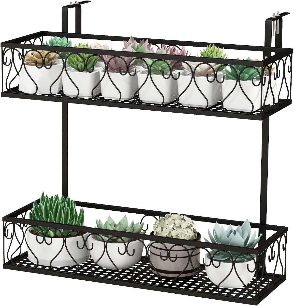 RELAX4LIFE Soporte Vertical para Macetas para Balcón de 2 Niveles con Gancho Ajustable, Estantería Colgante de Metal para Terraza, Jardín, Balcón, Patio, Negro