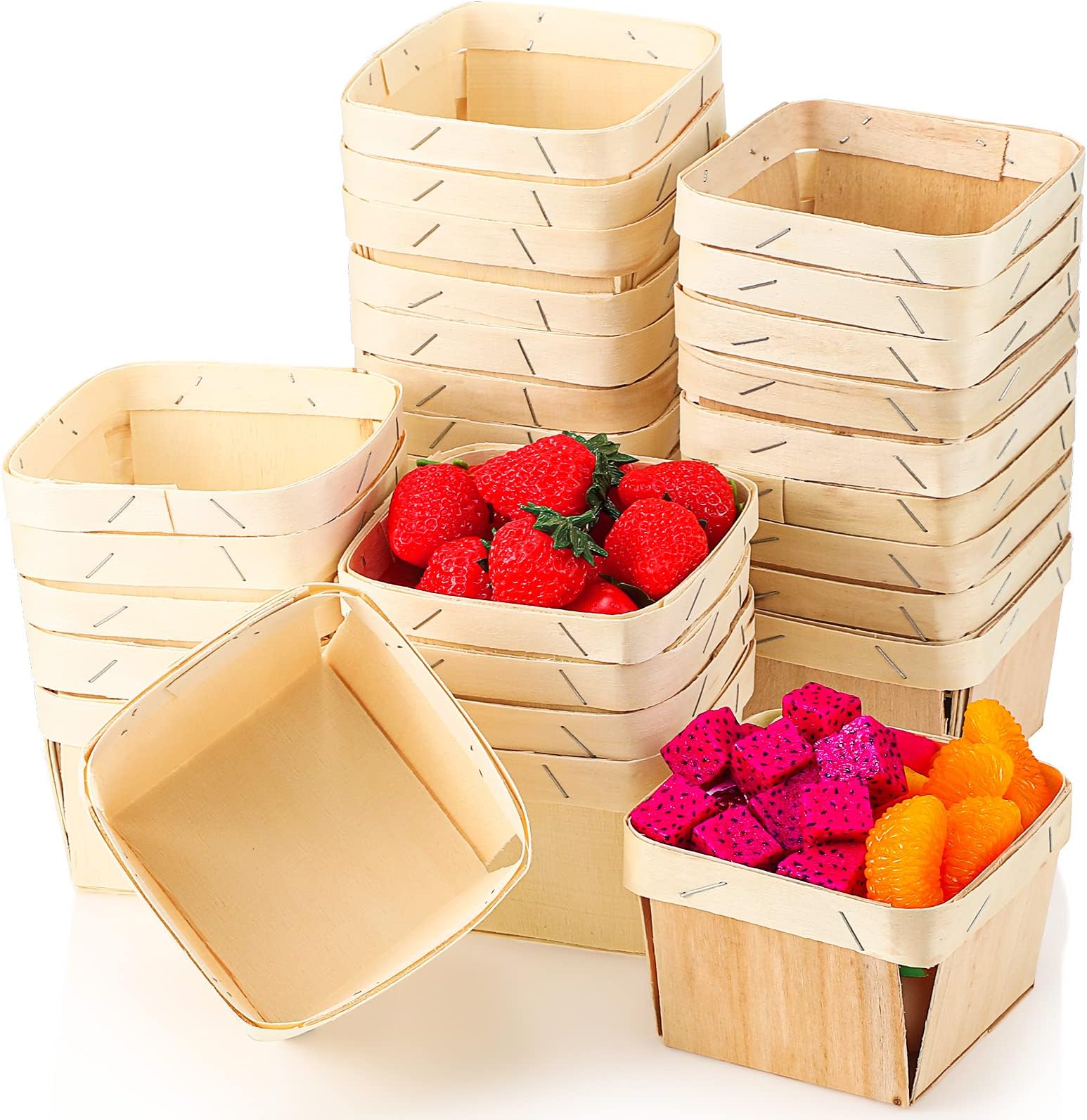 Unittype 50 Pcs Wood One Pint Wooden Fruit Strawberry Berry Basket Bulk 4 x 4 x 2.5 Inch Small Square Vented Container Boxes for Food Storage and Party Arts Crafts Decor (Fruit)