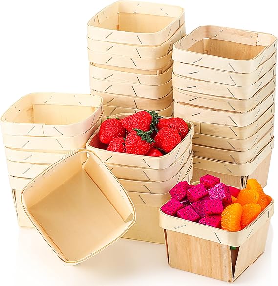 Unittype 30 Pcs Berry Basket Bulk One Pint Wooden Gift Baskets Square Vented Baskets