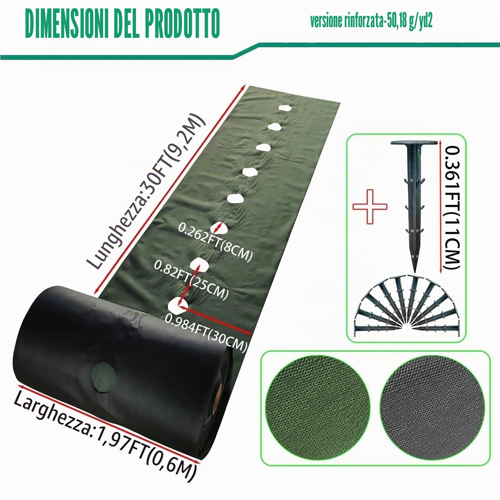 Telo Pacciamatura Panno Perforato Resistente all'erba, Inclusi 10 Chiodi a Terra, Adatto for la Pellicola di Copertura del Paesaggio Giardino(0.6X9.2M)