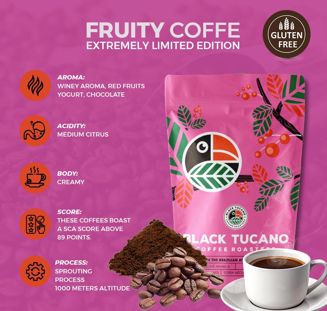 Exotic Specialty Coffee Black Tucano - Brazilian Medium Roast with Sublime Fruit Notes - Coffee - 8.8 Ounces 250 Gr Ground