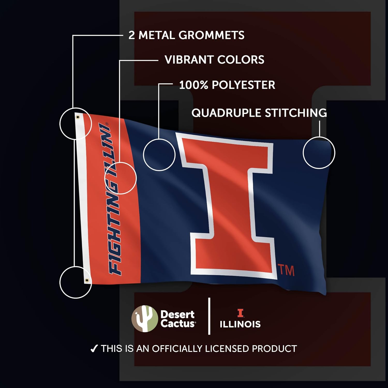 Desert Cactus University of Illinois Flag Fighting Illini U of I Banners 100% Polyester Indoor Outdoor 3x5 feet Flags (Team Name) - Image 4