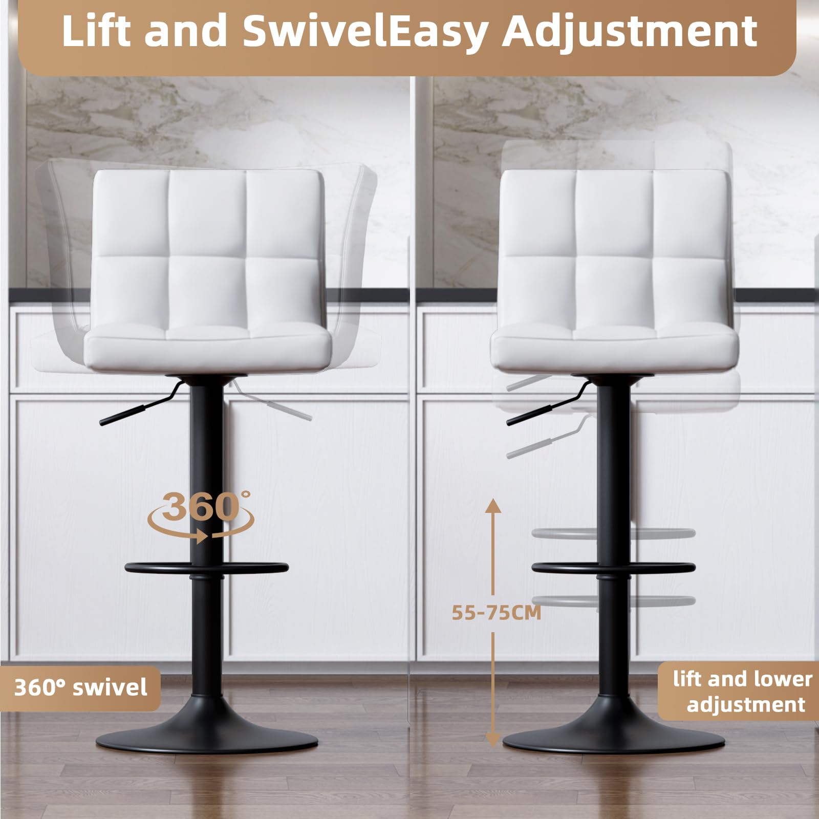 bigzzia Lote de 2 taburetes de Bar giratorios en Cuero sintético Ajustables en Altura con Respaldo para desayunador, mostrador, Cocina y hogar - Blanco