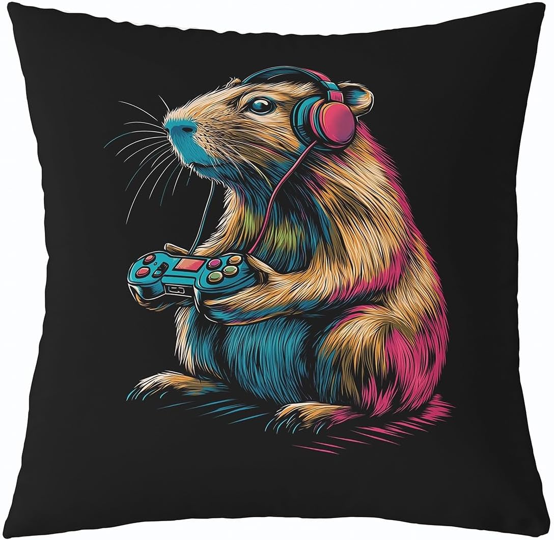 Manfei Funny Capybara Throw Pillow Cover Video Game Cushion Case Cute Animal Gaming Pillow Cover for Couch Sofa Living Room,Black Brown Soft Pillowcases,18x18 Inches