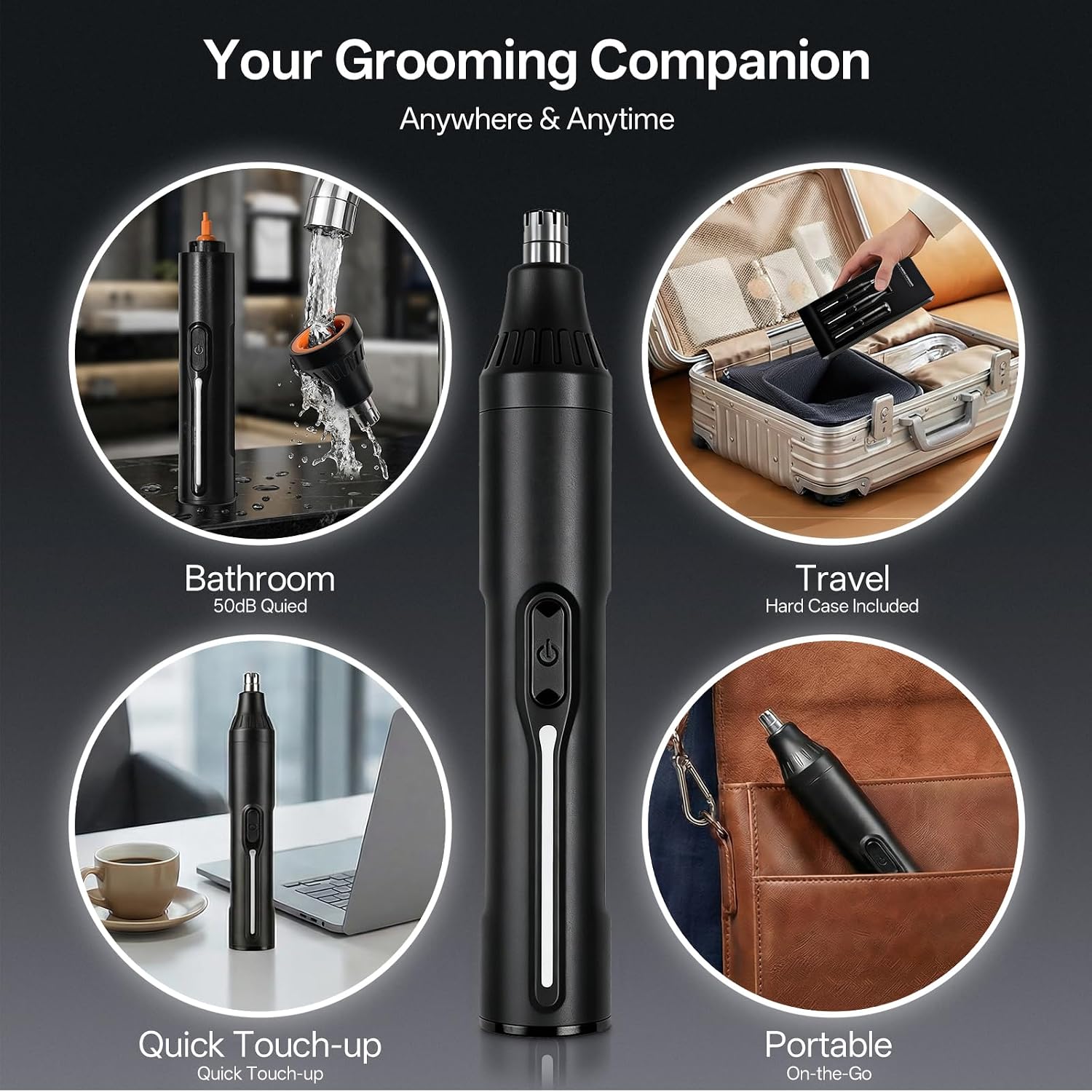 Rechargeable Nose Hair Trimmer - 4-in-1 Ear Eyebrow Beard Grooming Kit for Men & Women, Waterproof Quiet Motor, Fast Charging | 11000 RPM | Portable Travel Size Nose Trimmer Beard Trimmer (Black)