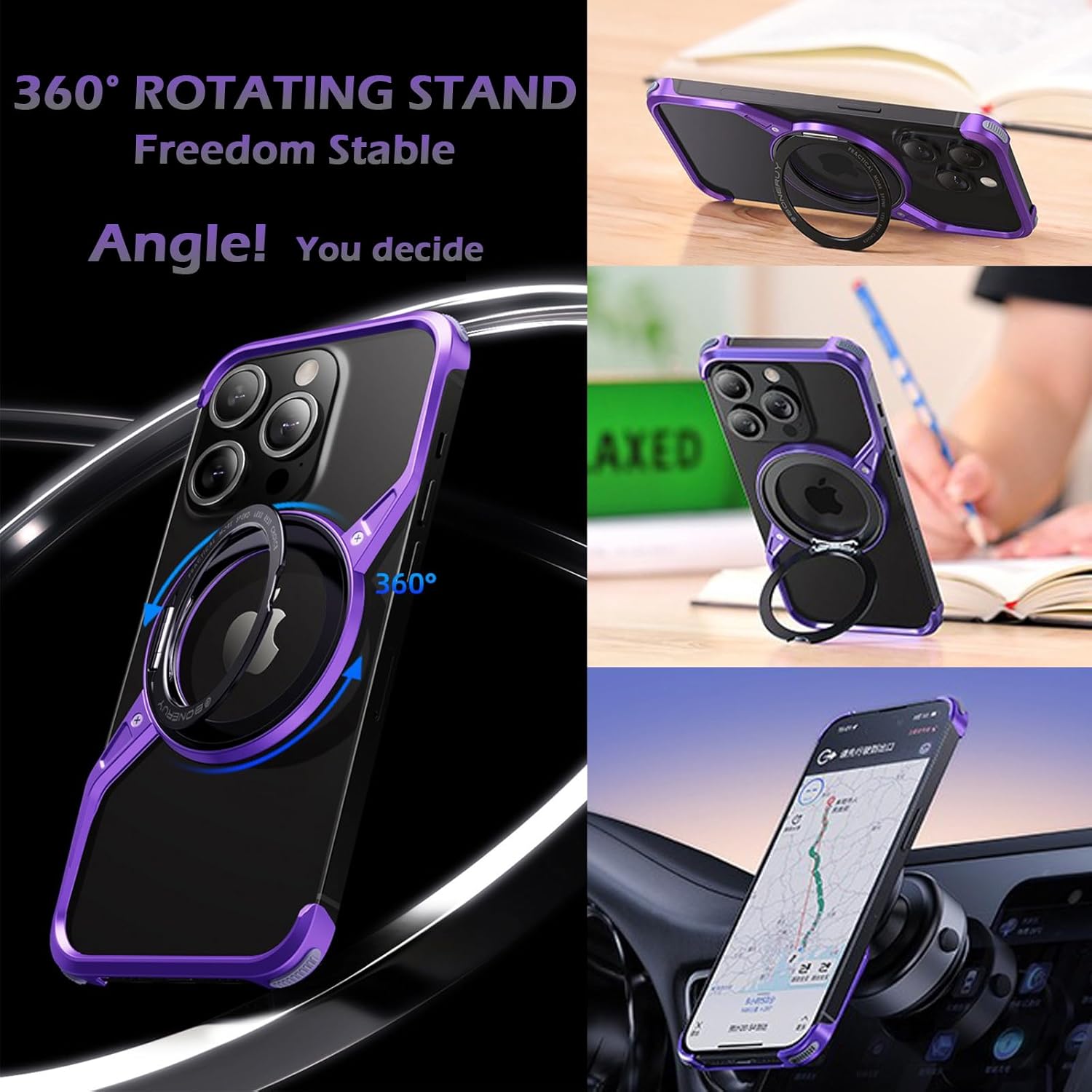 Case for iPhone 16 Pro Max/16 Pro/16, Compatible with MagSafe Ultra Lightweight Frameless Aviation Aluminum Metal Design Sleek Minimalist Shell with 360° Rotating Stand