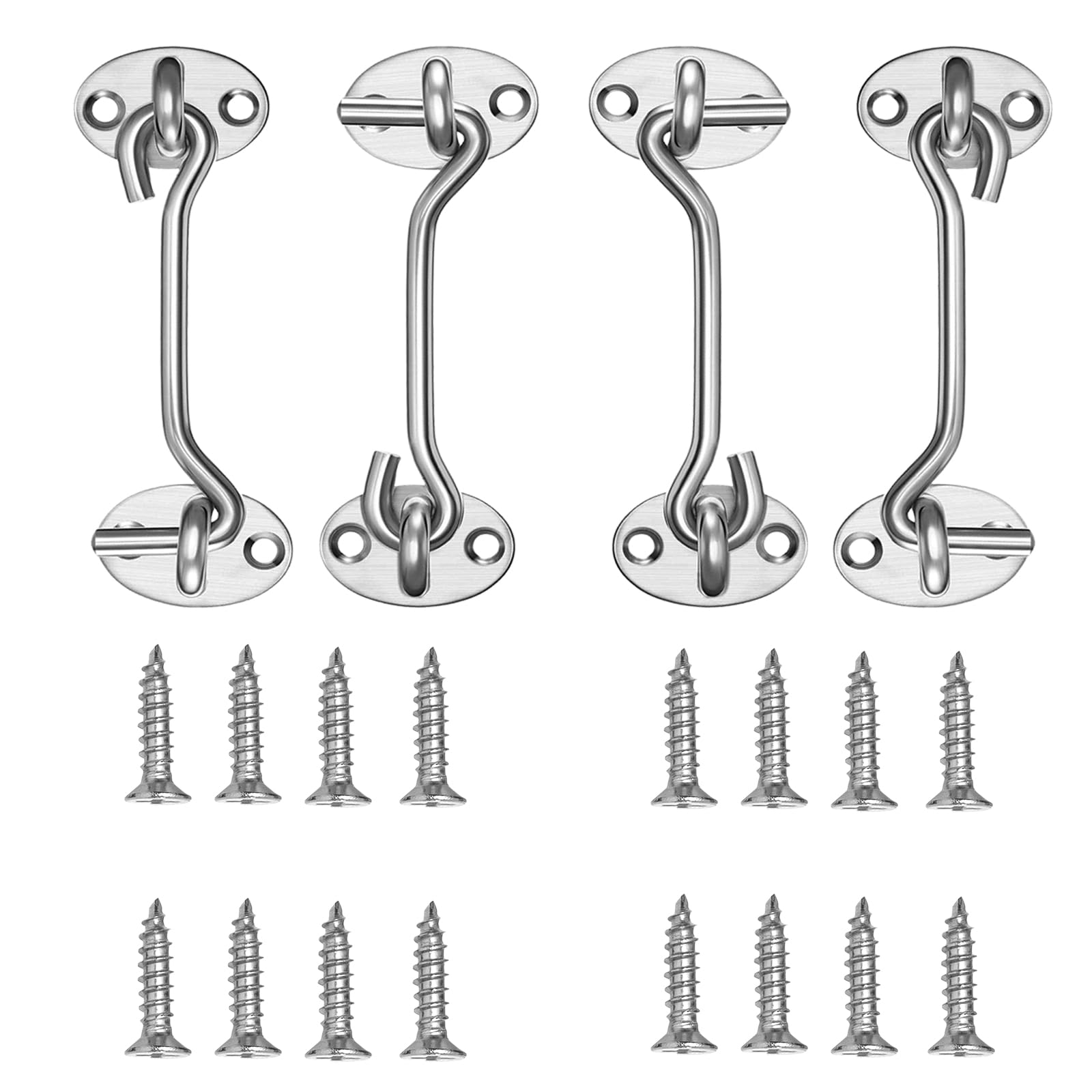 Geebymol 4 Inch Hook and Eye Latch, 4Pcs 100mm Silver Gate Hook Stainless Steel Cabin Hook, Hook Eye Latch Door Lock Hook Lock, Latch Apply to Wooden Gates, Window Brace Gate Door Catch