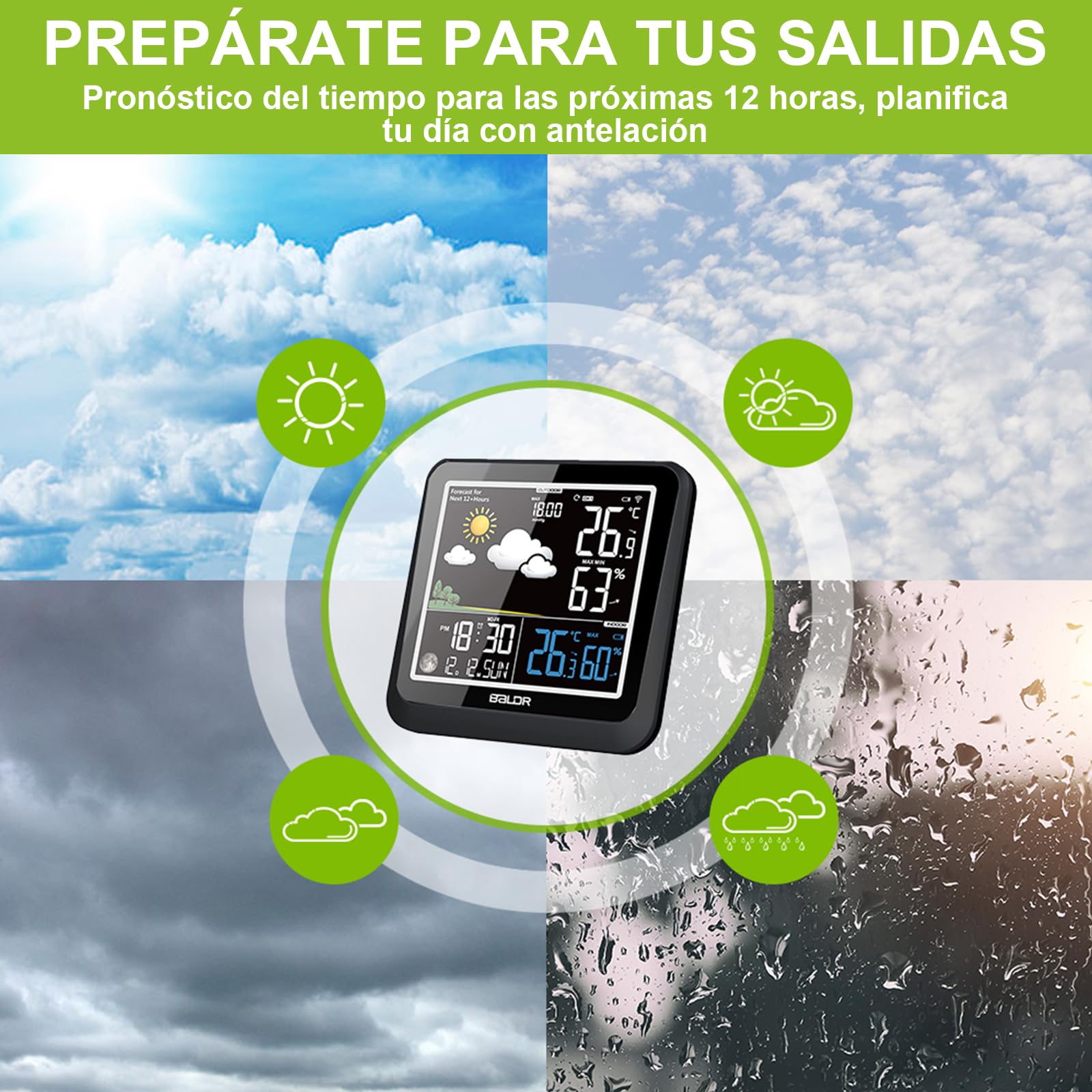 Estación Meteorológica Inalámbrica con Termómetro para Interior y Exterior, Pantalla Digital VA con Sensor Remoto, con Pronóstico del Tiempo, Temperatura, Humedad, Reloj Atómico y Fases Lunares