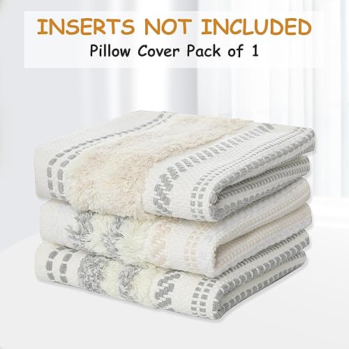 Miniatura 7 de decorUhome - Funda lumbar decorativa de estilo bohemio para cojín de sofá, cama o dormitorio, acento neutro con tejido copetudo, de 18 x 18