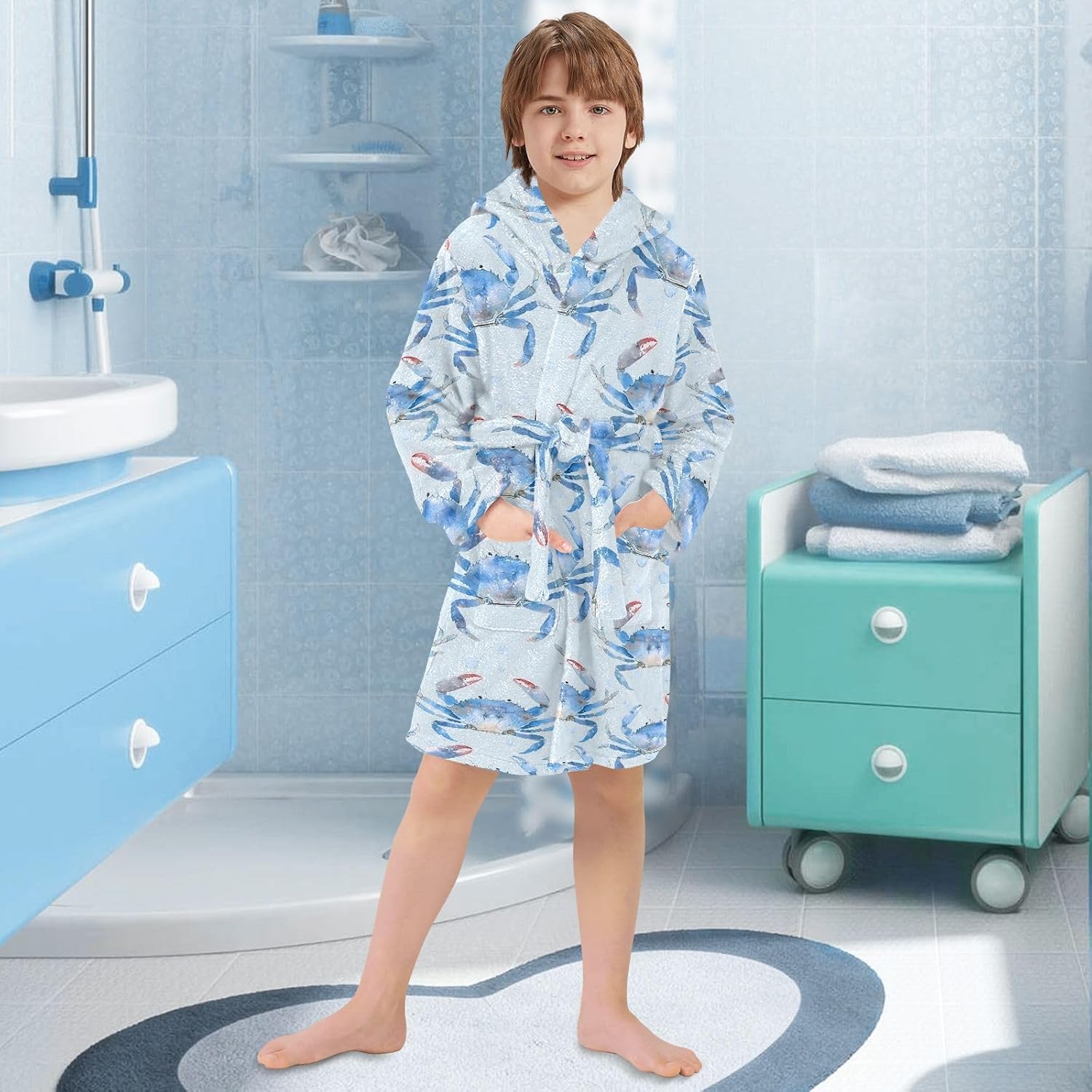 Light Blue Crabs Pattern Toddler Hooded Bathrobe for Boys Girls Soft Plush Bath Towel Robe 2-12 Years