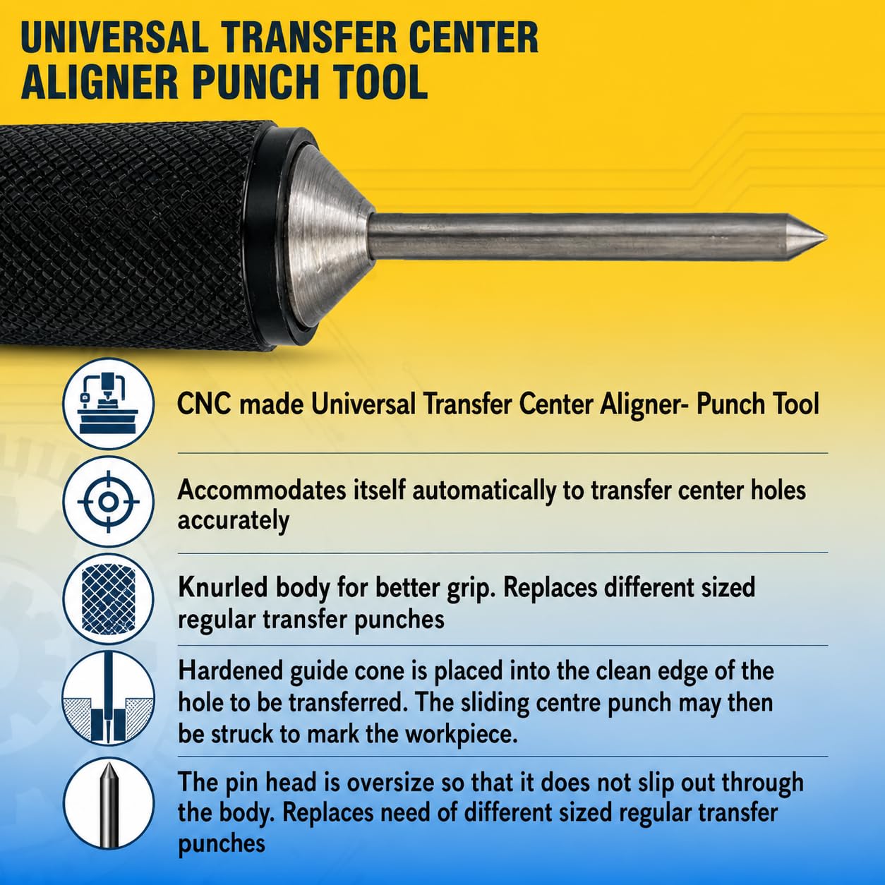 Universal Transfer Center Aligner Punch with Hardened Pin, Hole Alignment Tool, 1/4" to 5/8