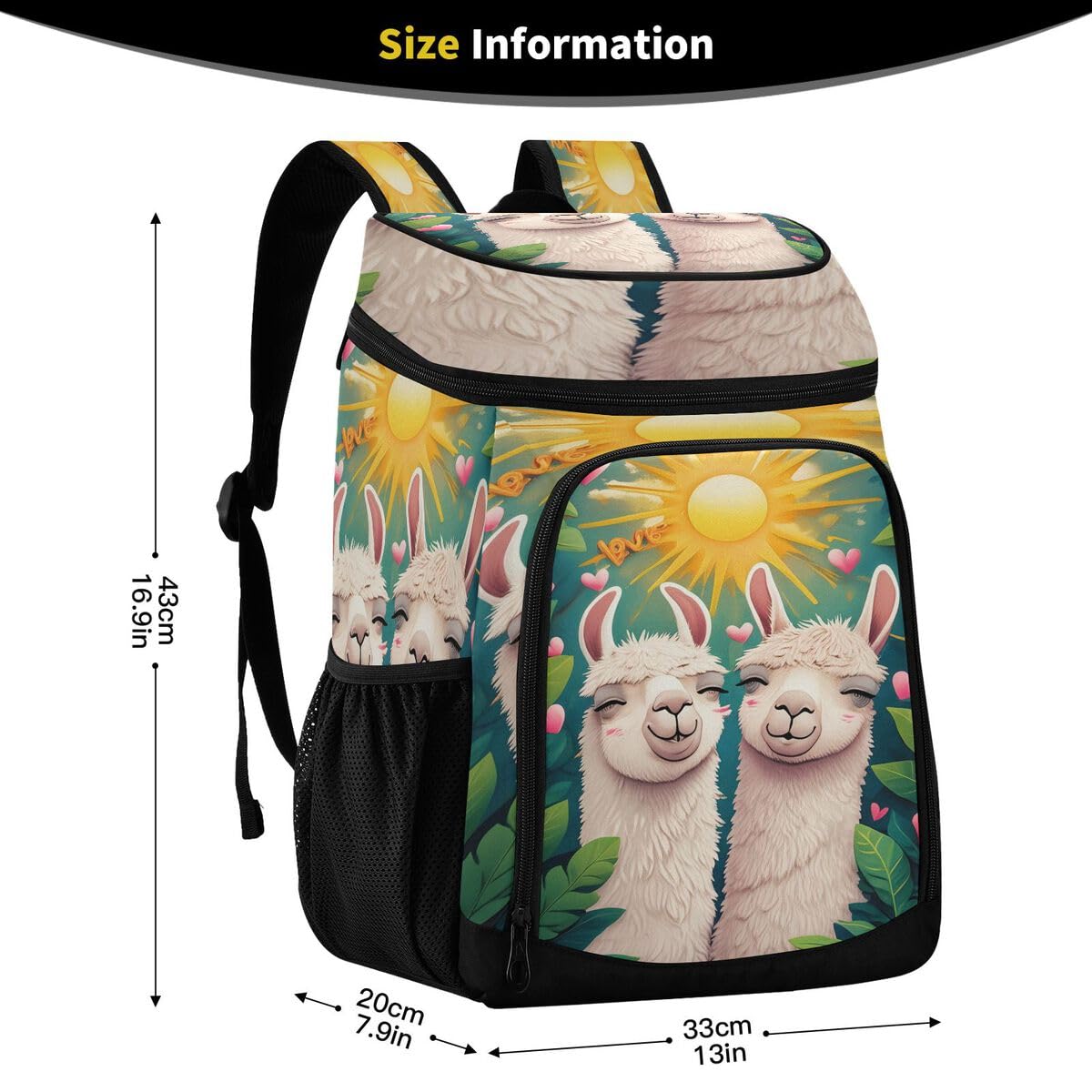 Llama Heart Leaves Green Cooler Backpack Leakproof Insulated Lunch Cooler Bag 30 Cans Camping Backpacks for Picnic Beach Road Trip