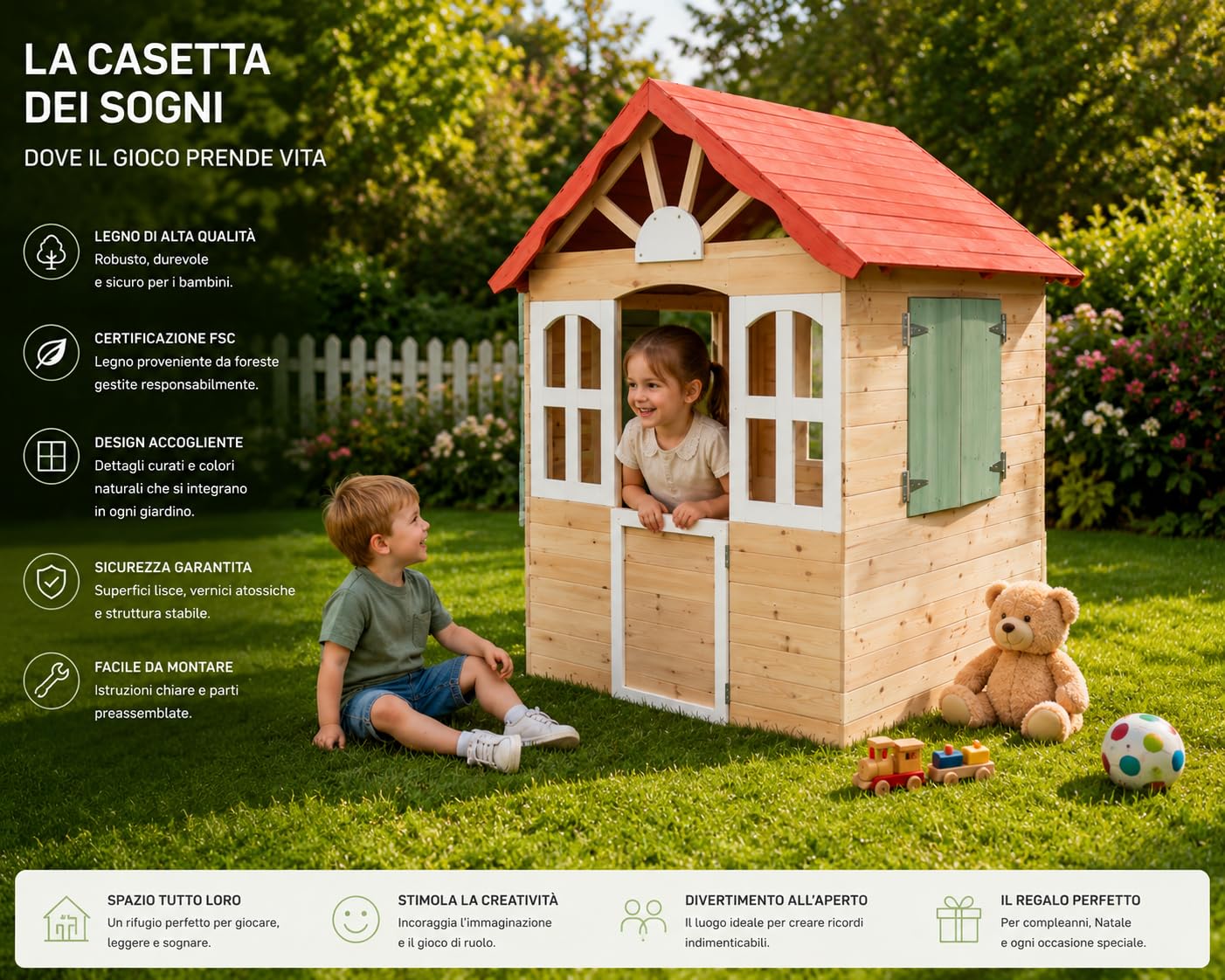 Casetta per Bambini Casa Gioco per Bambini Esterno casetta da giardino per bambini casetta per Bambini da Interno Giardino Casetta da Gioco Tradizionale Grande 120x108x138cm.