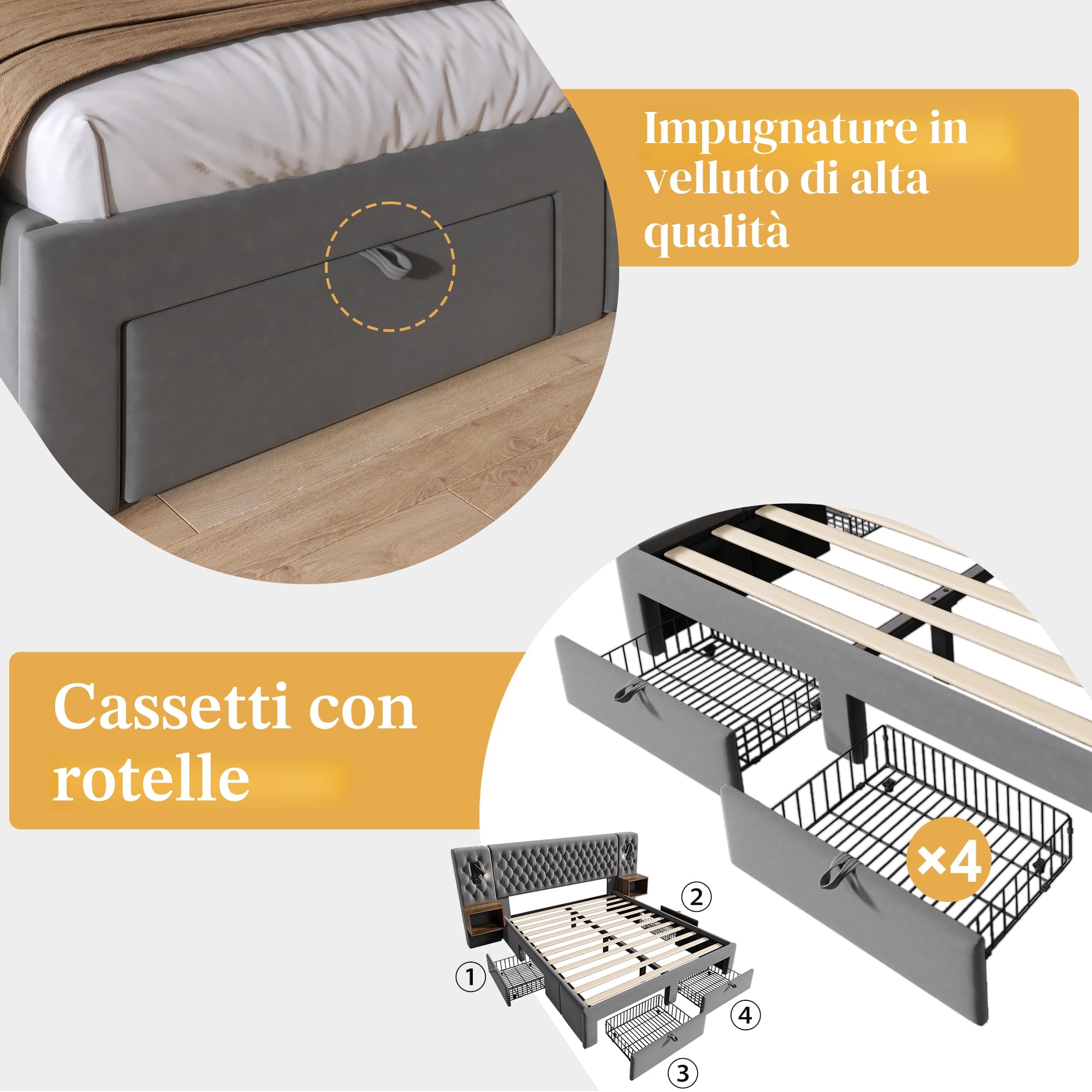 Set Completo per Letto Matrimoniale - Letto Imbottito 180 x 200 cm, Comodini e Cassetti, Lampada da Lettura USB