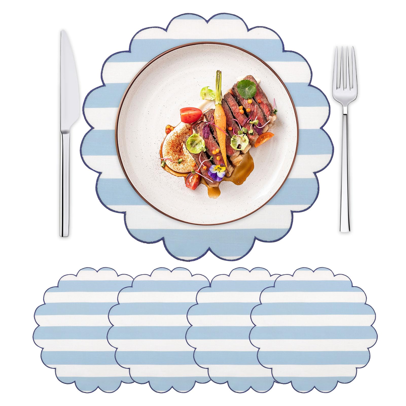 Set de table rond bleu brodé lavable en coton et lin épais pour table de cuisine