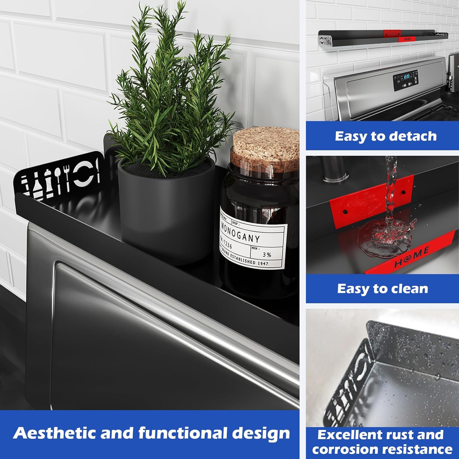 STUTOV 30" Magnetic Stove Top Shelf – Black Spice Rack with Red HOME Design – Seasoning Organizer for Back of Stove – Over Stove and Kitchen Storage Shelf