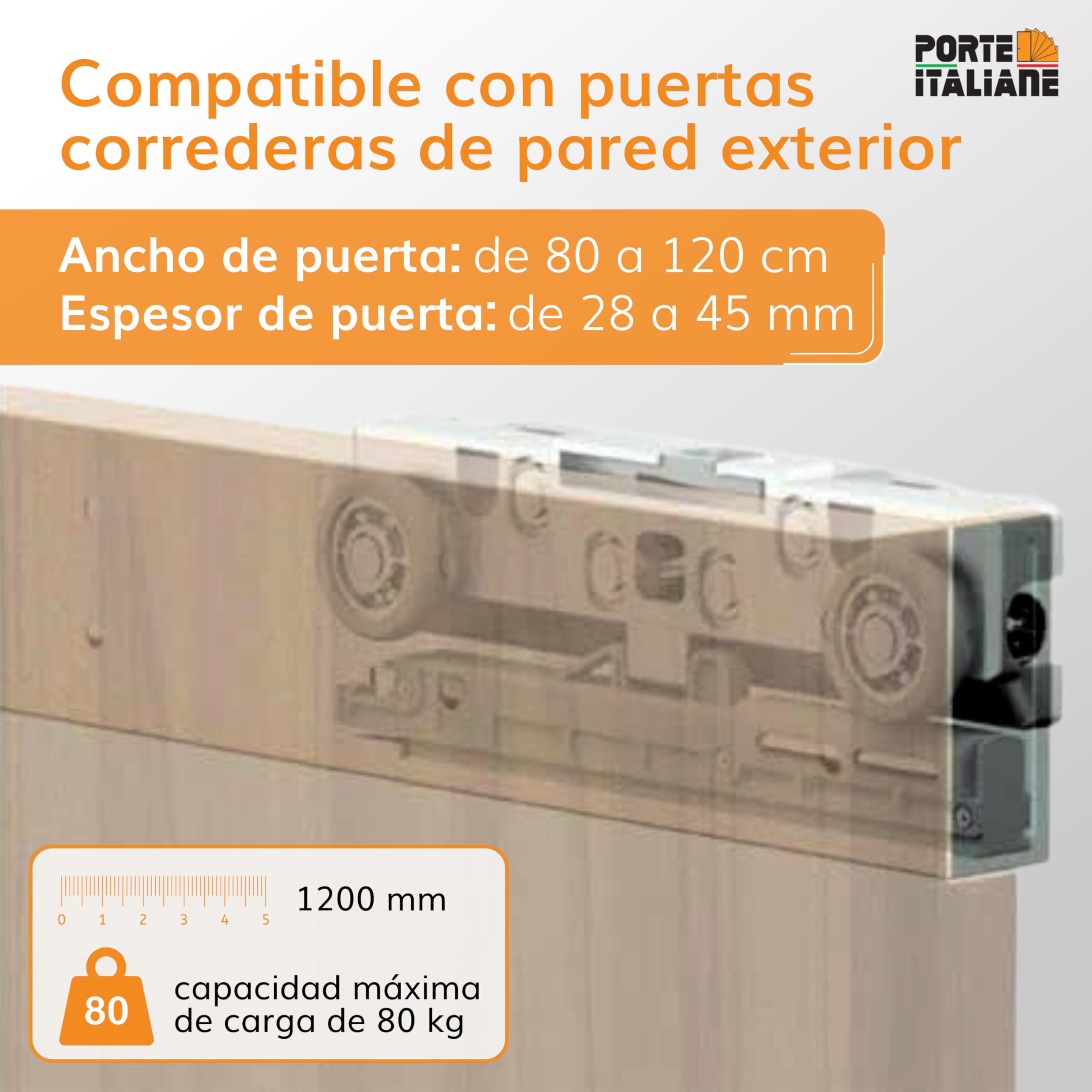 Porte Italiane, Riel Puerta Corredera Invisible MAGICAL 1200 Carga 80 kg, para Puerta Corredera Exterior de Pared en Madera Ancho de 80 cm a 120 cm, Kit con Mecanismo, Accesorios y Guía