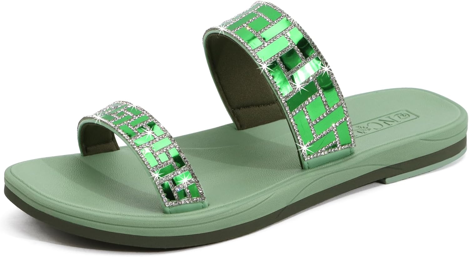 ONCAI Flat Sandals for Women with Glittery Rhinestones,Trendy Square Open Toe Summer Slides Sandals