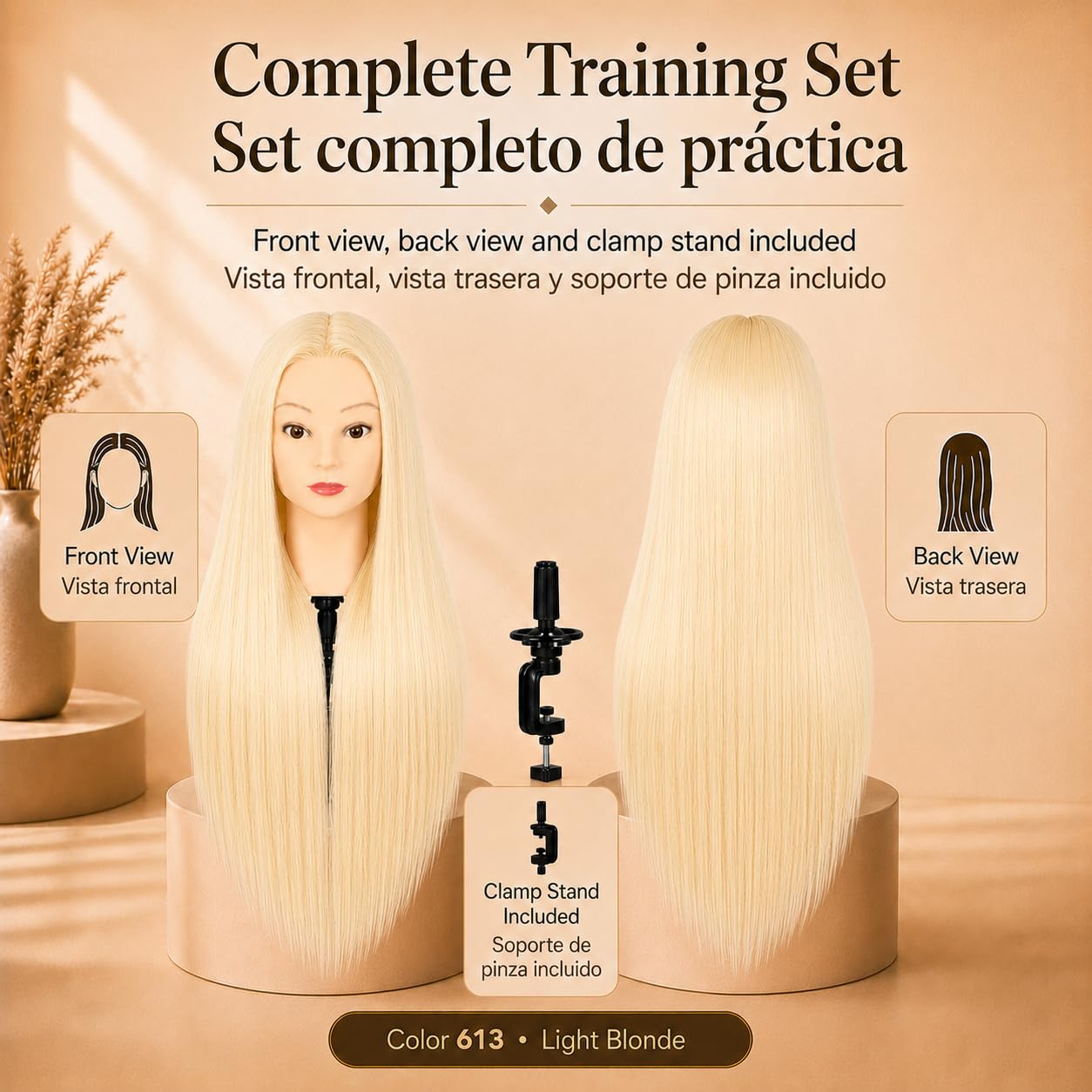 Cabeza de Maniquí para Peluquería, Cabello Sintético 60 cm/24" Resistente al Calor con Soporte, Cabeza de Prácticas para Peinados y Cosmetología (613 · Rubio Claro)