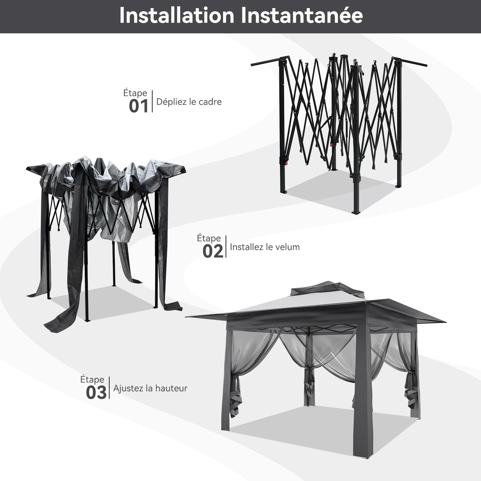 YU YUSING Tonnelle de Jardin Extérieure 3,65 x 3,65 m avec Moustiquaires 360°, Pop up Barnum Pliant, Toit Ventilé, Pergola Imperméable Anti UV 50+ Respirable, Tente Réception, Camping, Festival, Gris