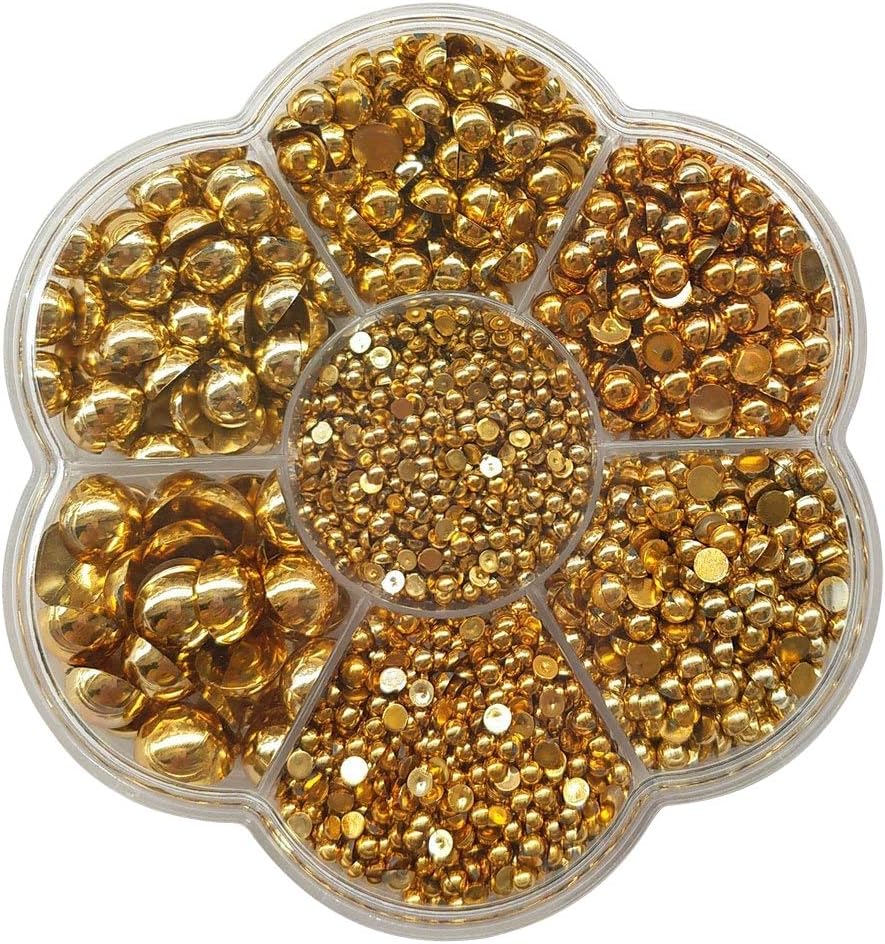 Chenkou Craft 3000PCS 7 Sizes (2.5/3/4/5/6/8/10mm) 1 Box Gold Round Flatback Imitation Half Pearls Bead Loose Beads Gem (Gold Half Ball)