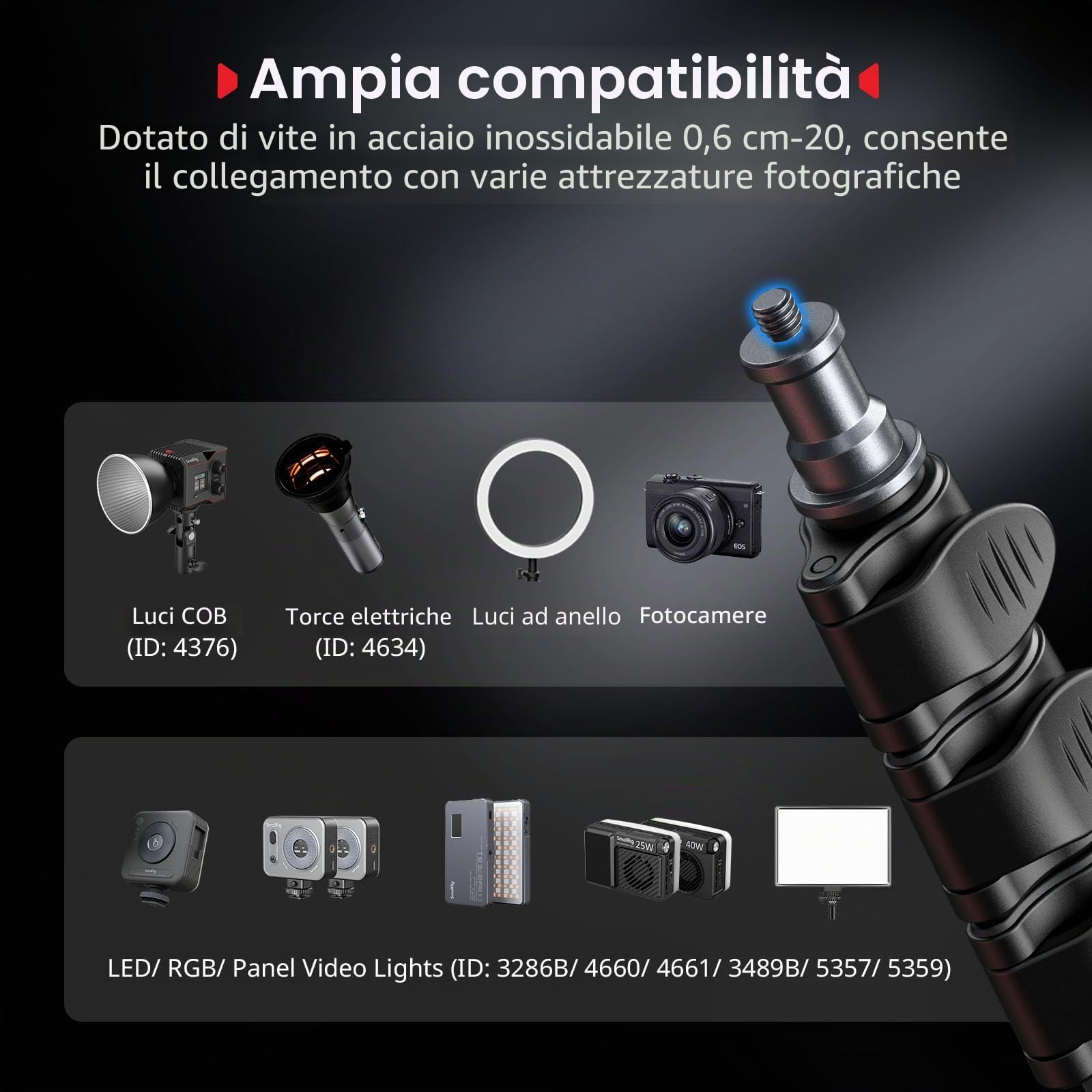SMALLRIG Supporto per Luci da 74,8"/190 cm, Treppiede Compatto per Torce, Luce ad Anello, Luci Video LED/RGB, Luce COB, Supporto per Illuminazione Pieghevole e Regolabile, Dimensioni 16,9"/43 cm -5475