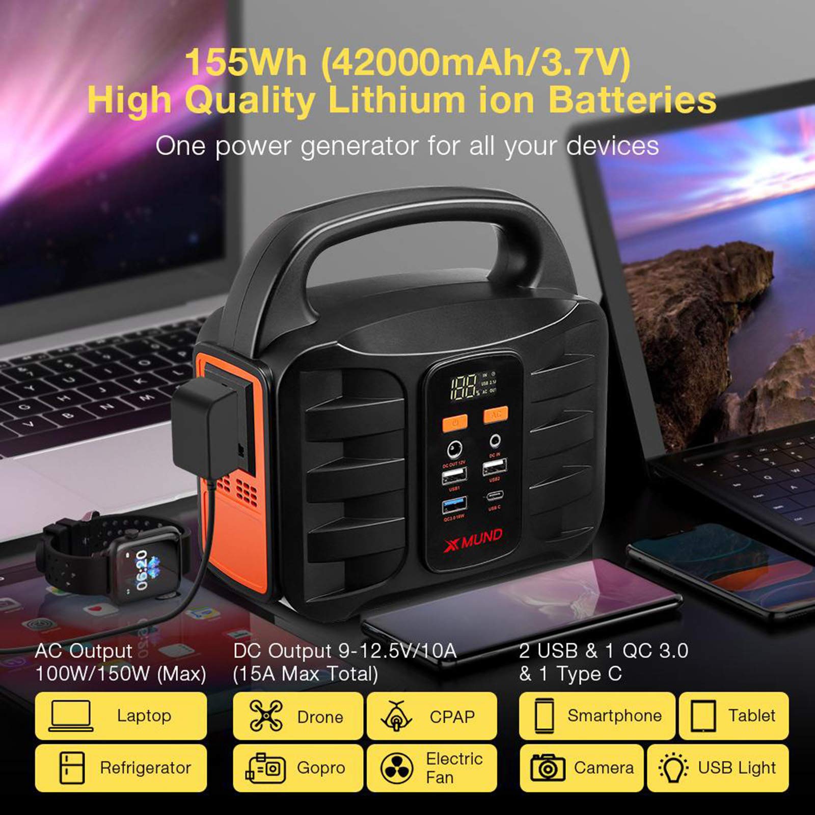 TIM-LI Przenośny moduł prądotwórczy 155 Wh Solar Power Station - 42000 Mah USB QC3.0 Latarka LED, Outdoor Camping Power Bank