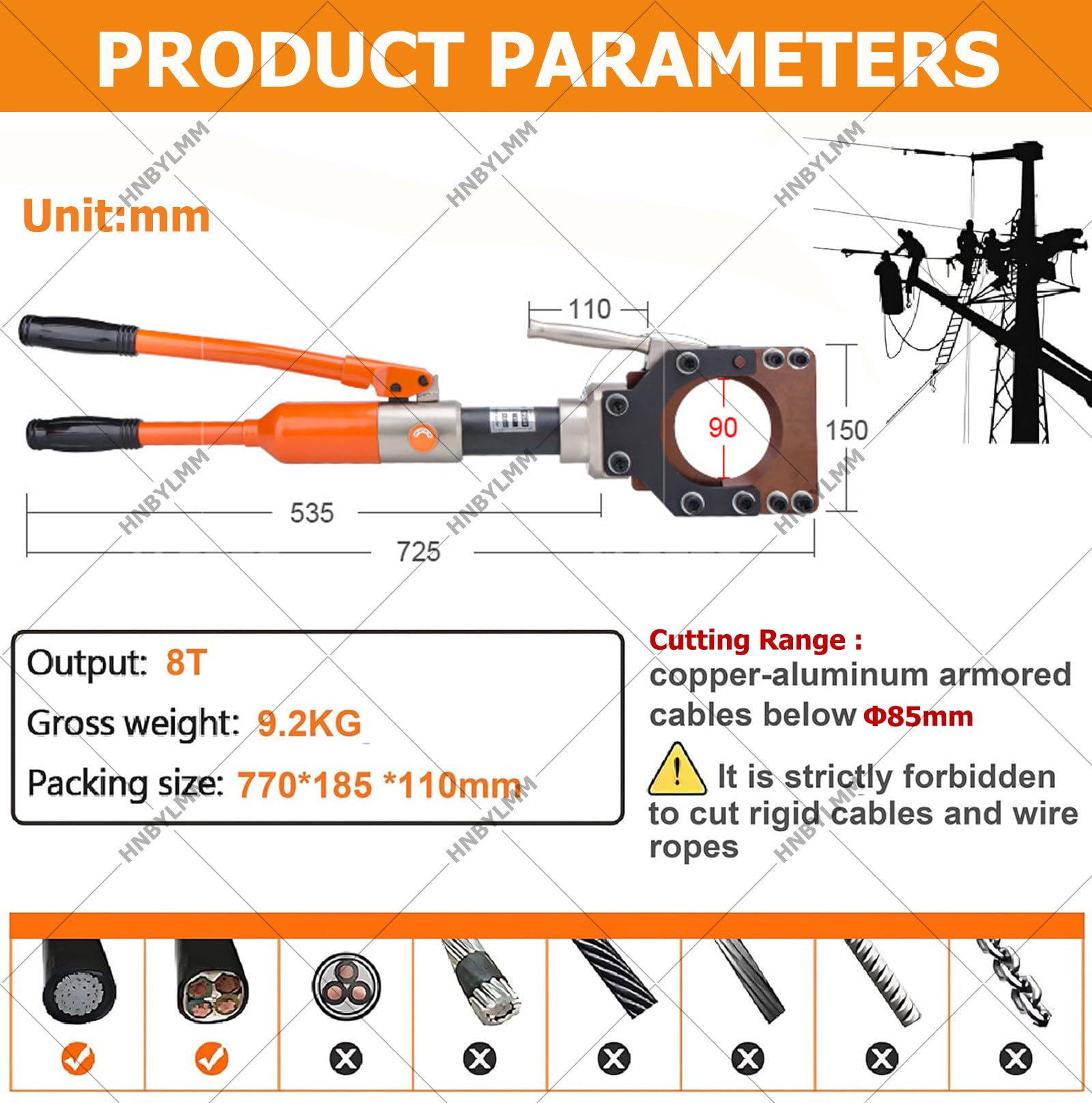 Cortador de cables hidráulico con válvula de seguridad para corte de cables blindados y Cu/Al de alta resistencia