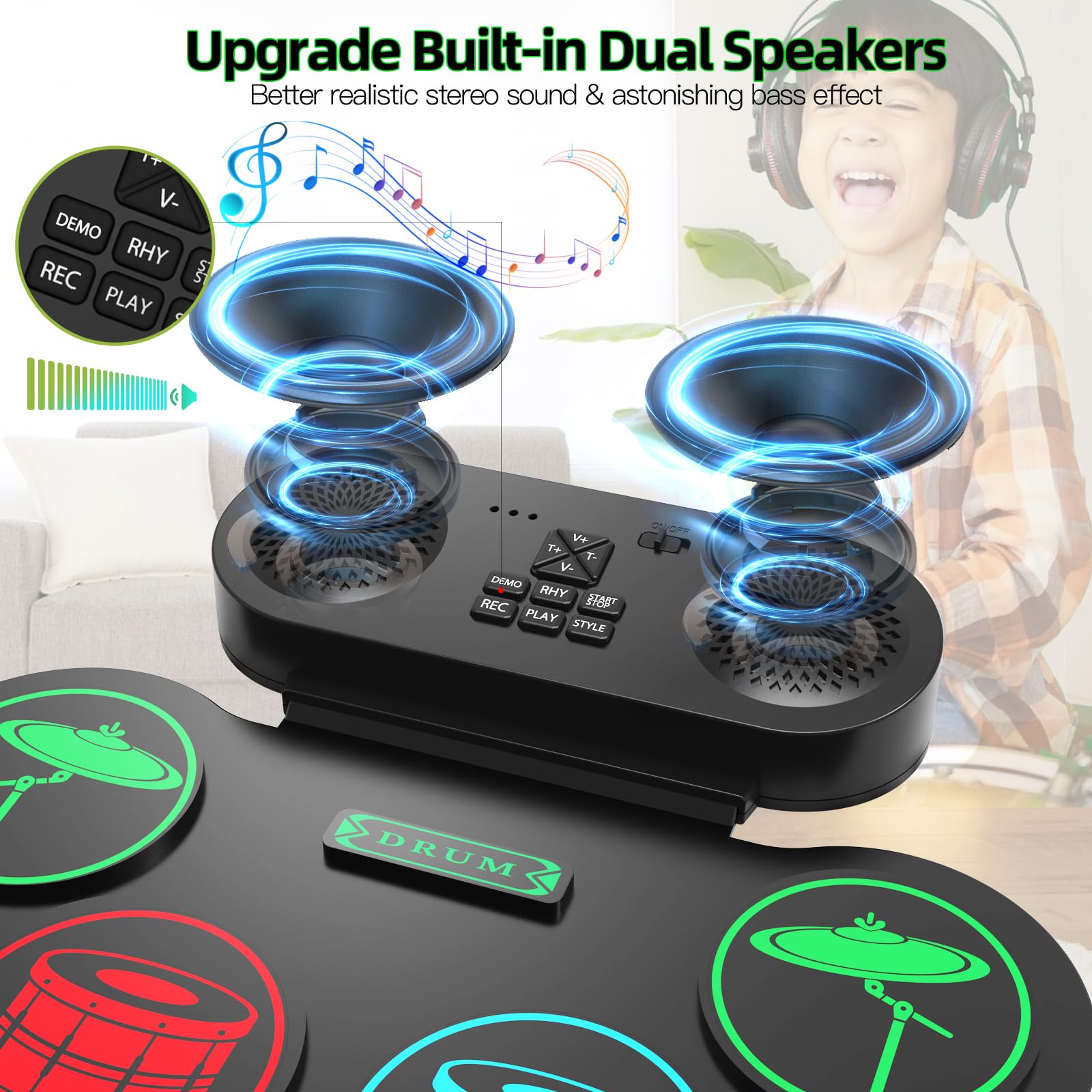 Juego de batería electrónica, 9 almohadillas de práctica MIDI Roll-Up Drum Pad con conector para auriculares integrado de doble altavoz y pedales, gran sorpresa de cumpleaños de Navidad para niños y 5