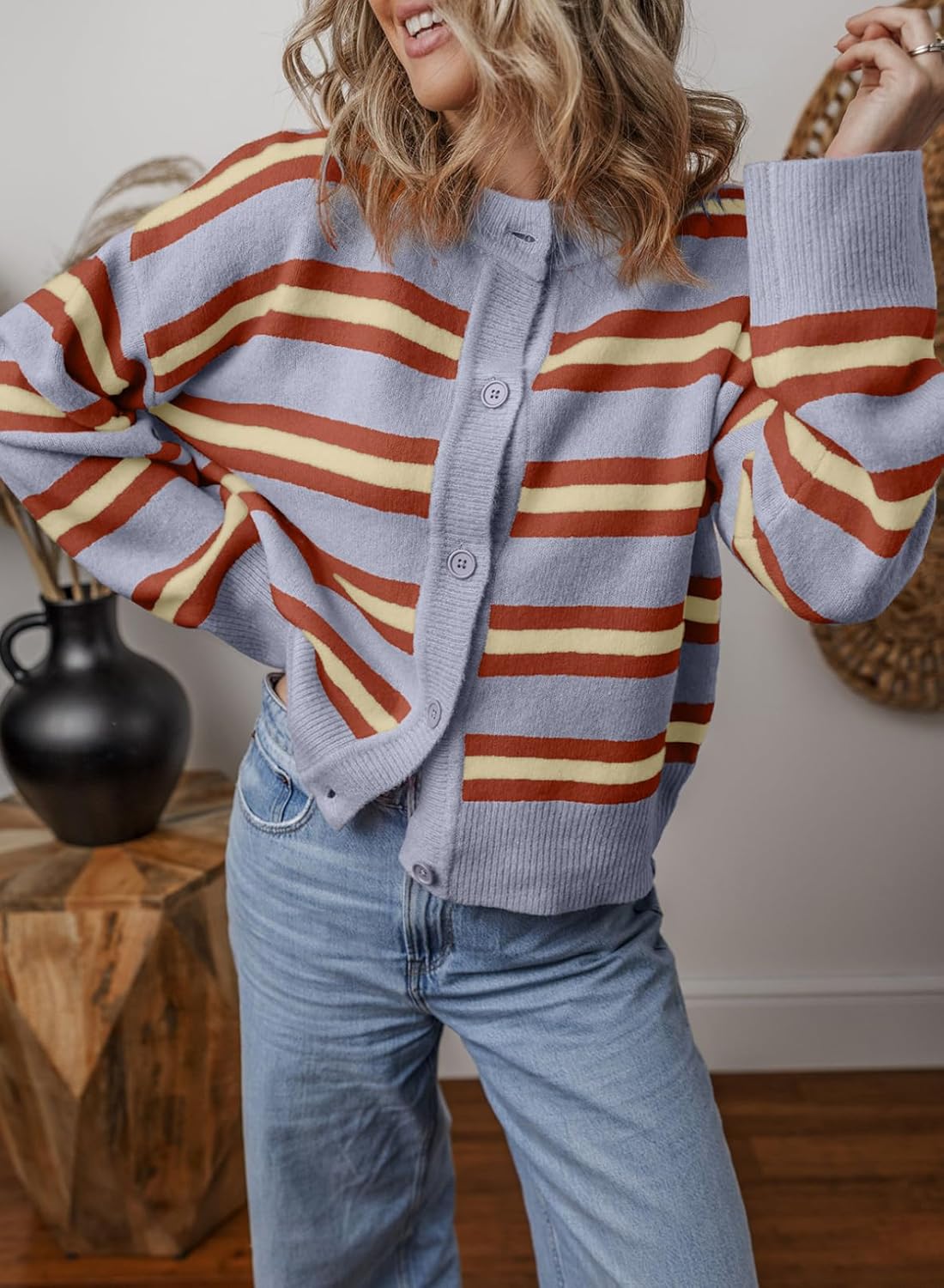 EVALESS Women's Striped Cardigan Sweaters Trendy Lightweight Chunky Knit Cropped Sweaters Outfits Outerwear Coats - Image 3